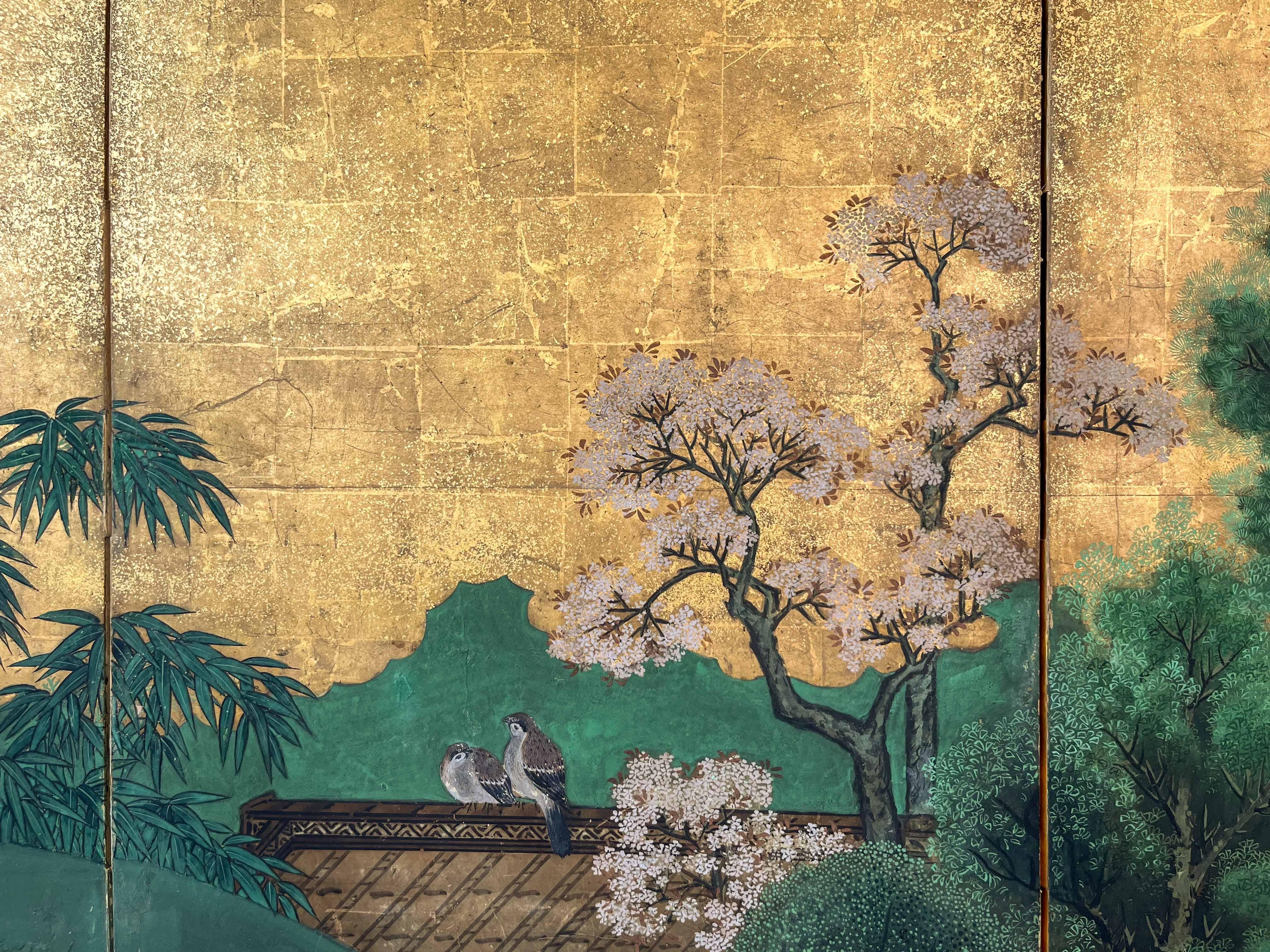 Gold Leaf Japanese six-panel folding screen with gold-leaf depicting an idyllic landscape For Sale