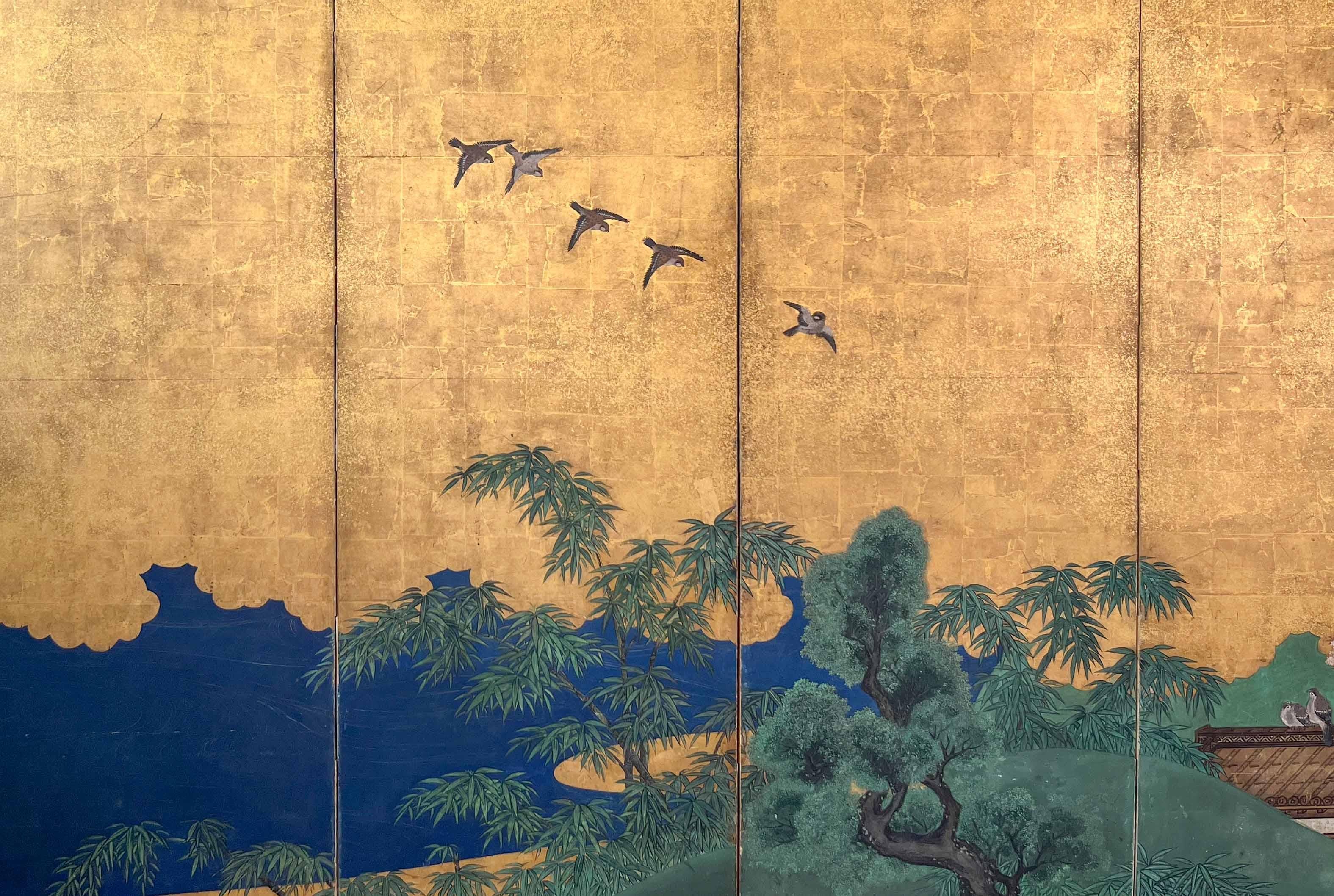 Japanese six-panel folding screen with gold-leaf depicting an idyllic landscape For Sale 1