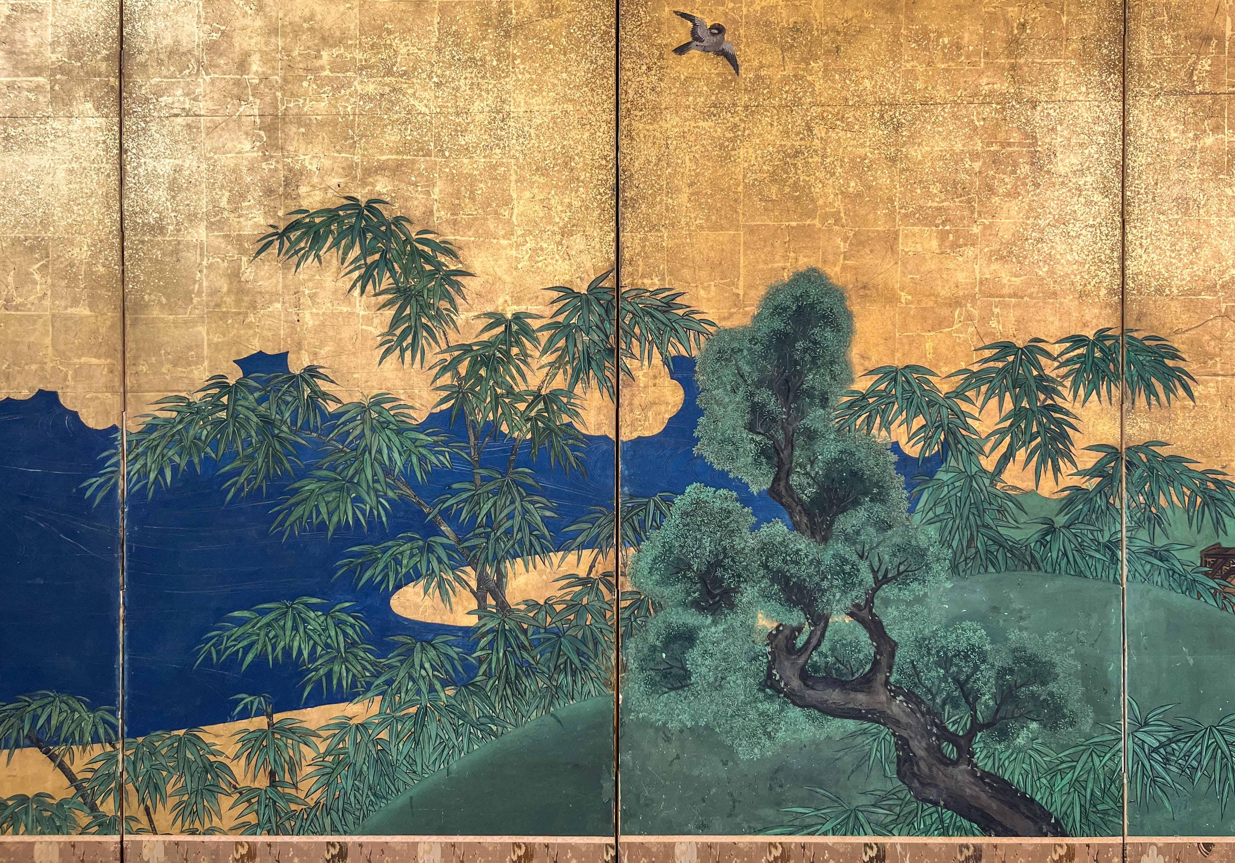 Japanese six-panel folding screen with gold-leaf depicting an idyllic landscape For Sale 2