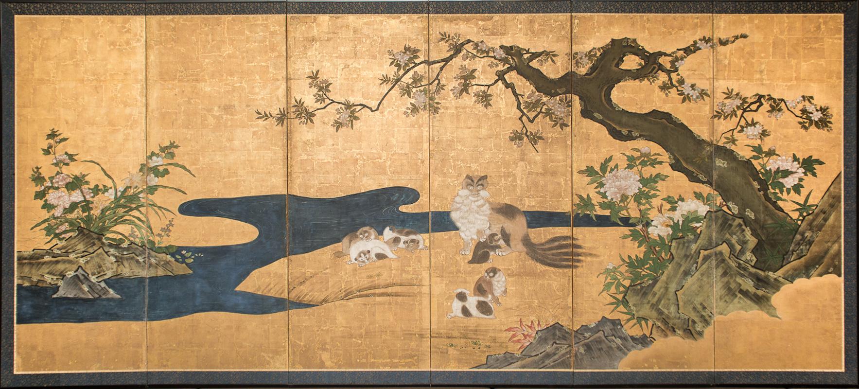 Gold Leaf Pair of Japanese Six Panel Screens: Floral Landscape / Mother with Young For Sale