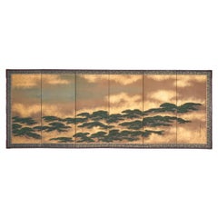 Japanese Six-Panel Gold Leaf Screen with Pine Trees in Mist, Signed Tosa Mitsuza