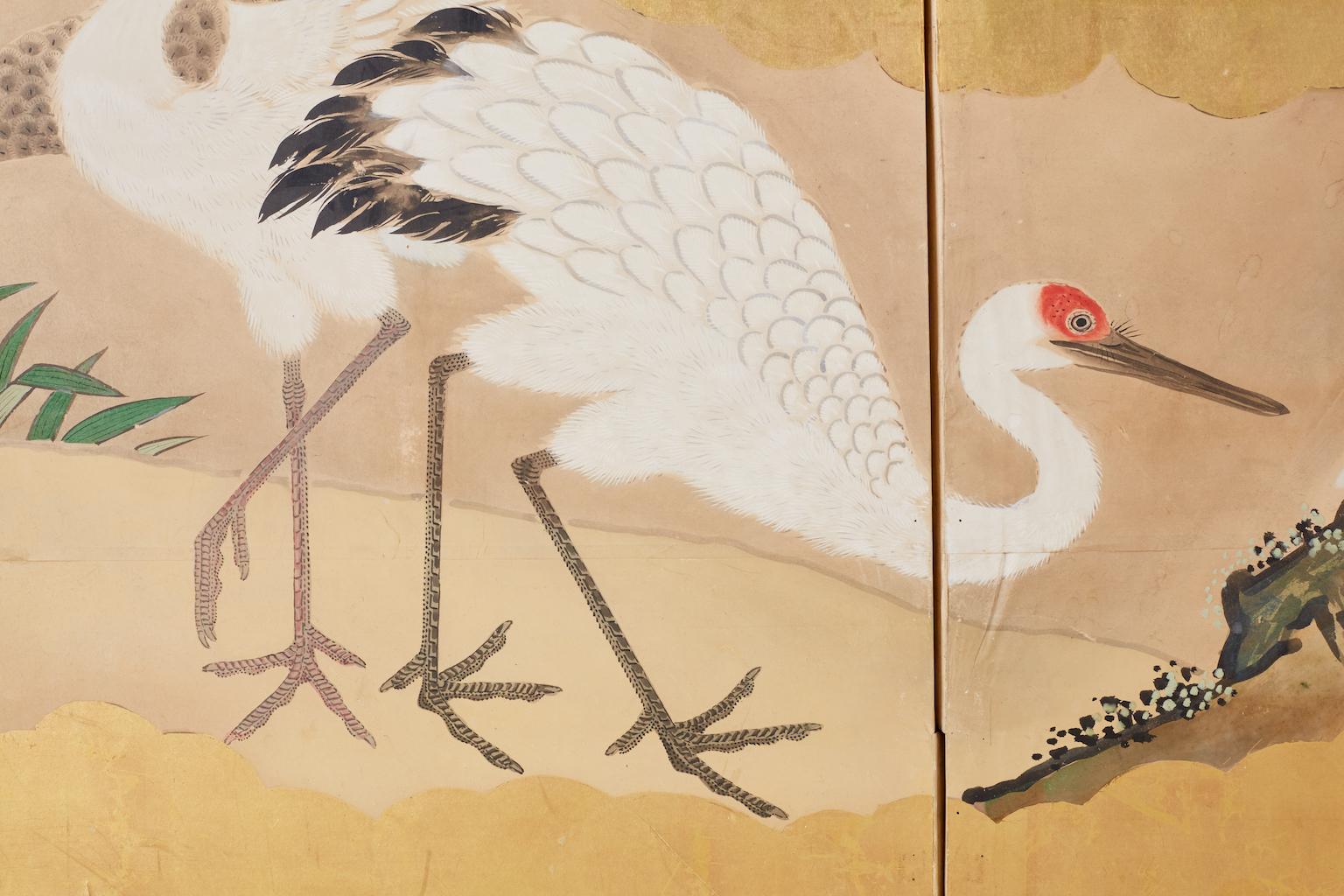 Japanese Six-Panel Kano School Crane Landscape Screen 3