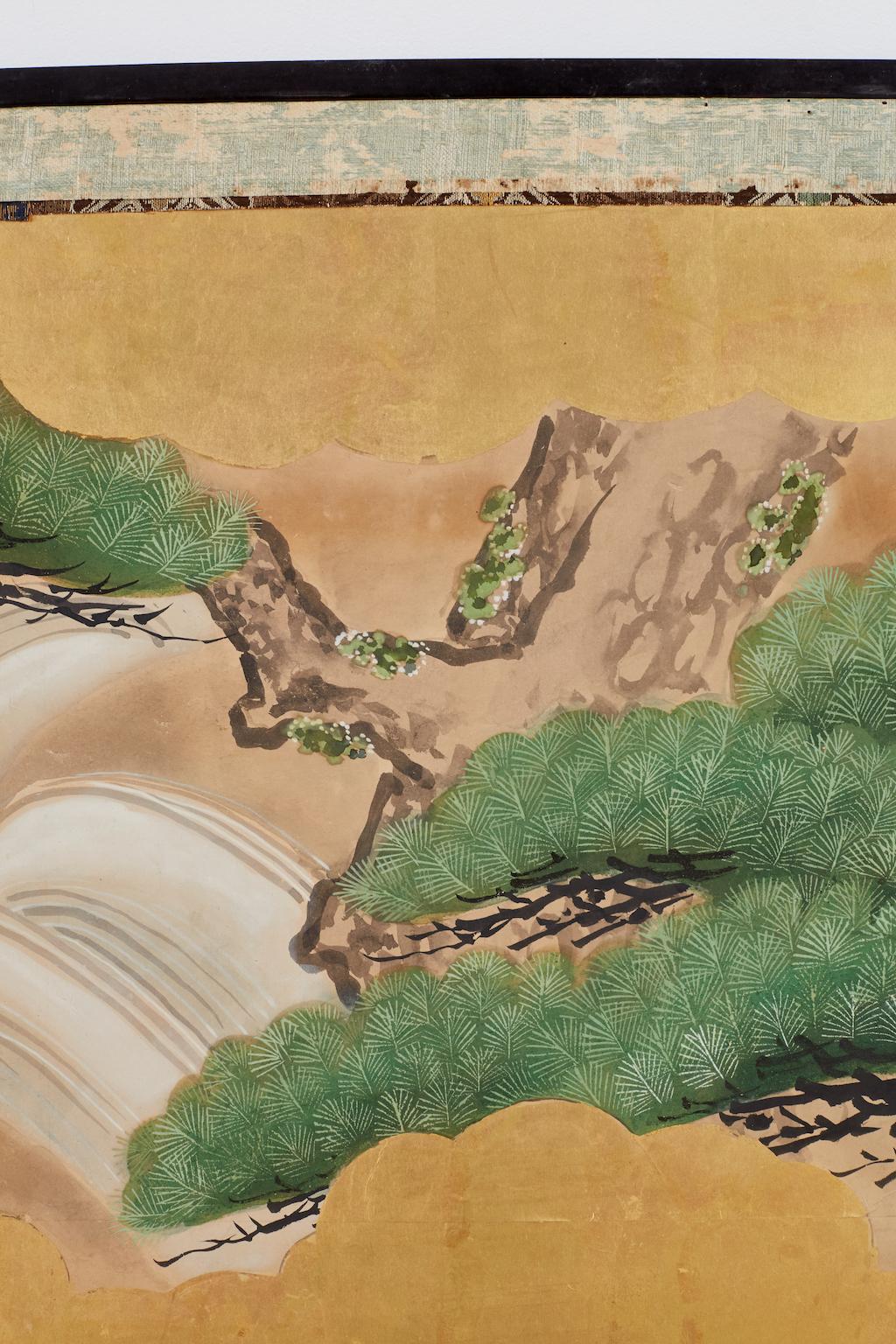 Japanese Six-Panel Kano School Crane Landscape Screen 6