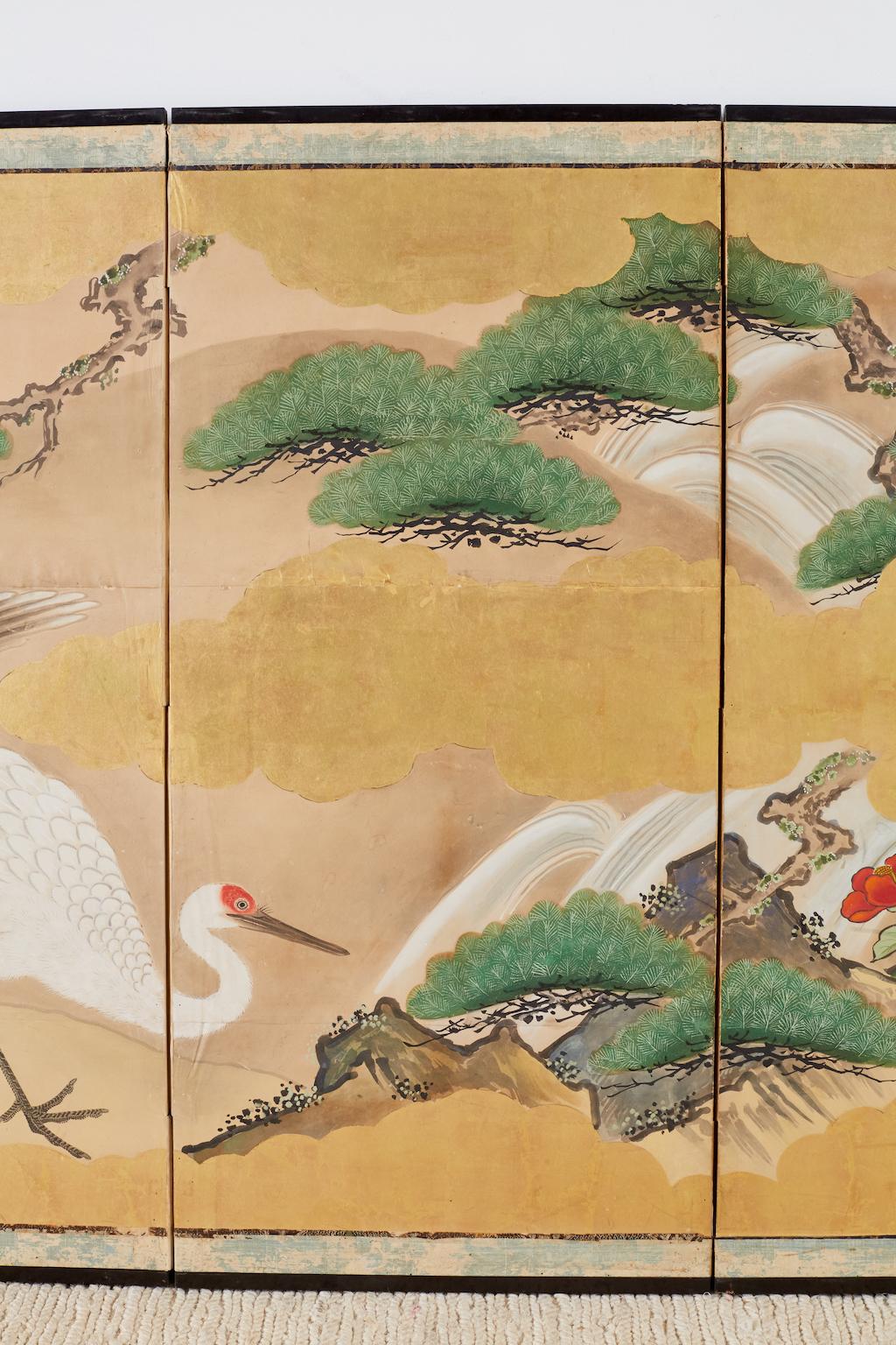 19th Century Japanese Six-Panel Kano School Crane Landscape Screen