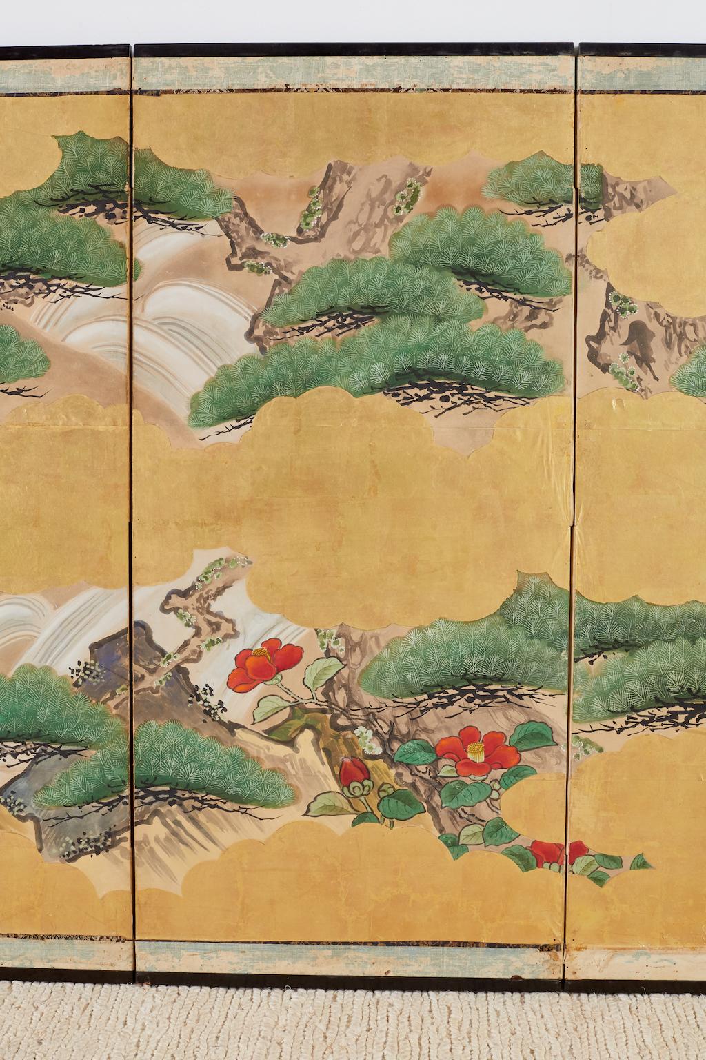 Paper Japanese Six-Panel Kano School Crane Landscape Screen