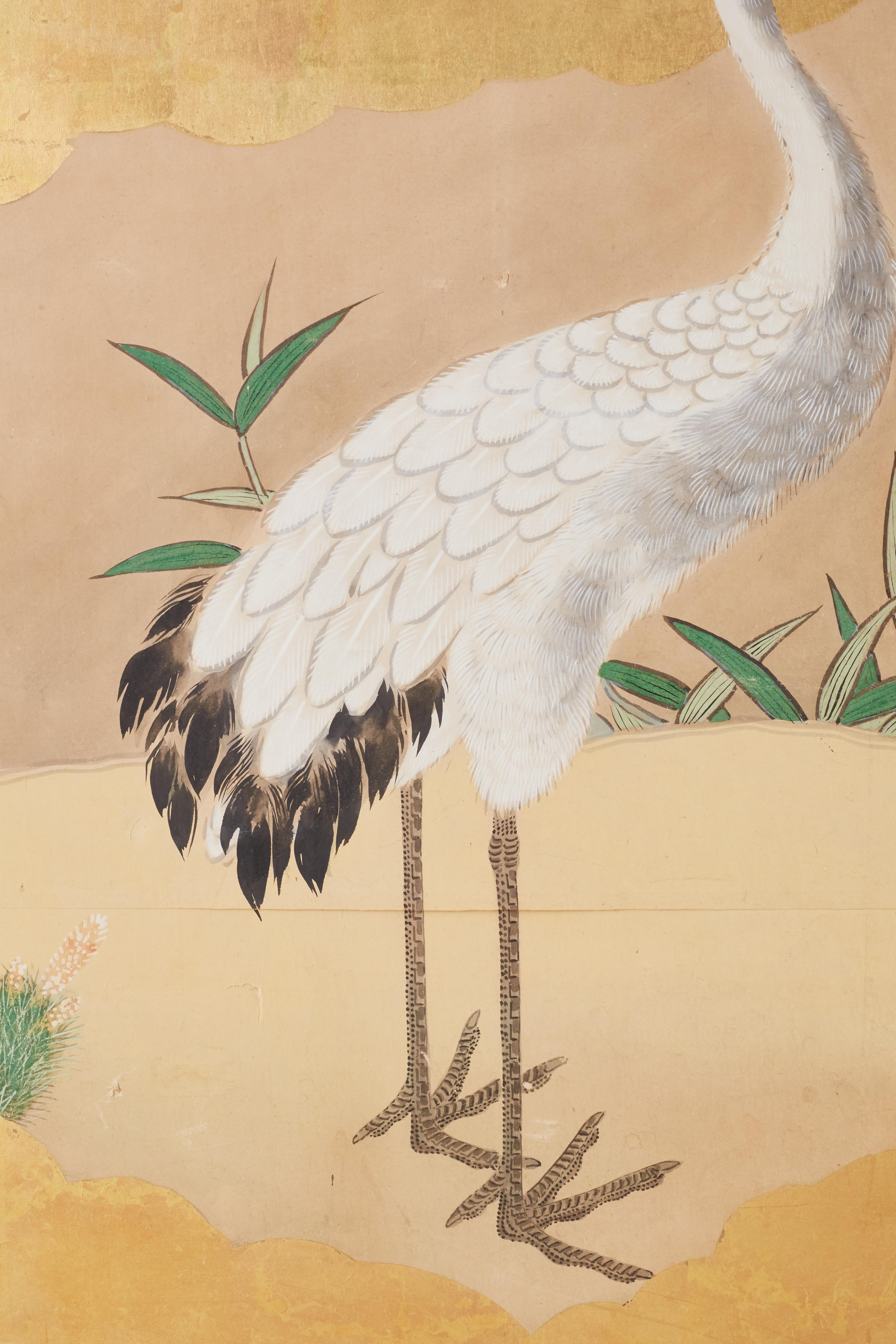 Japanese Six-Panel Kano School Crane Landscape Screen 2