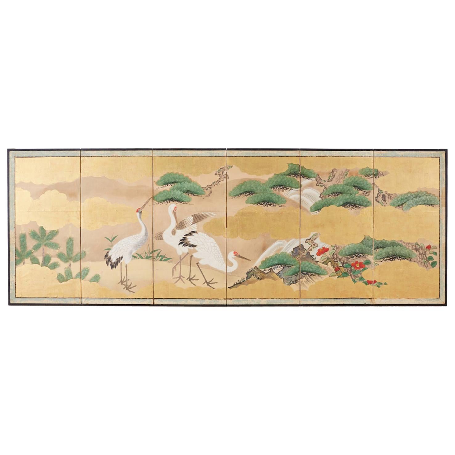 Japanese Six-Panel Kano School Crane Landscape Screen