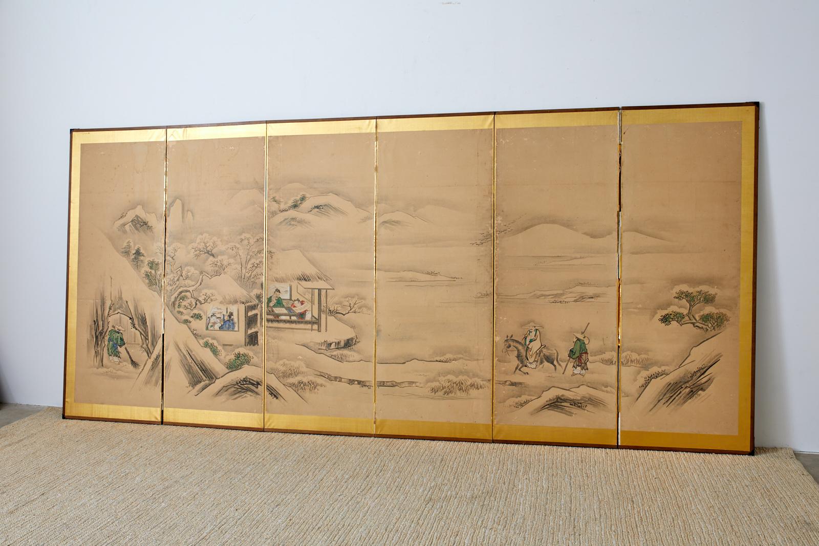 Japanese Six Panel Kano School Winter Landscape Screen For Sale 4