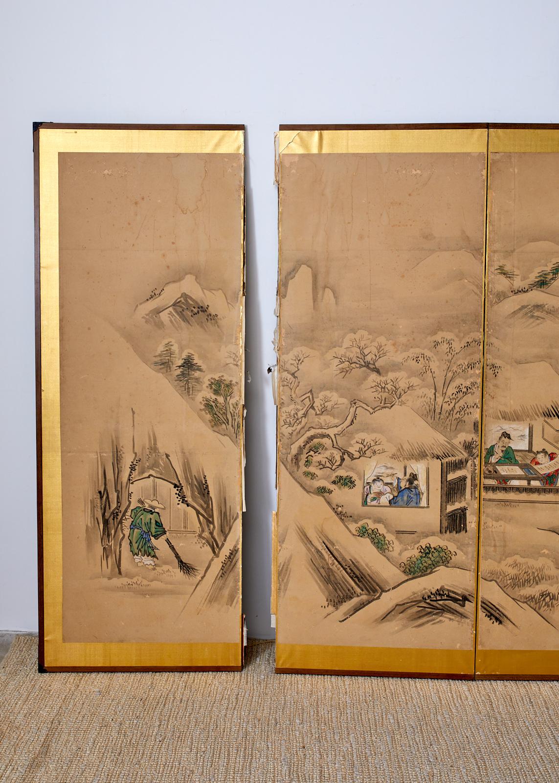 Japanese Six Panel Kano School Winter Landscape Screen For Sale 10