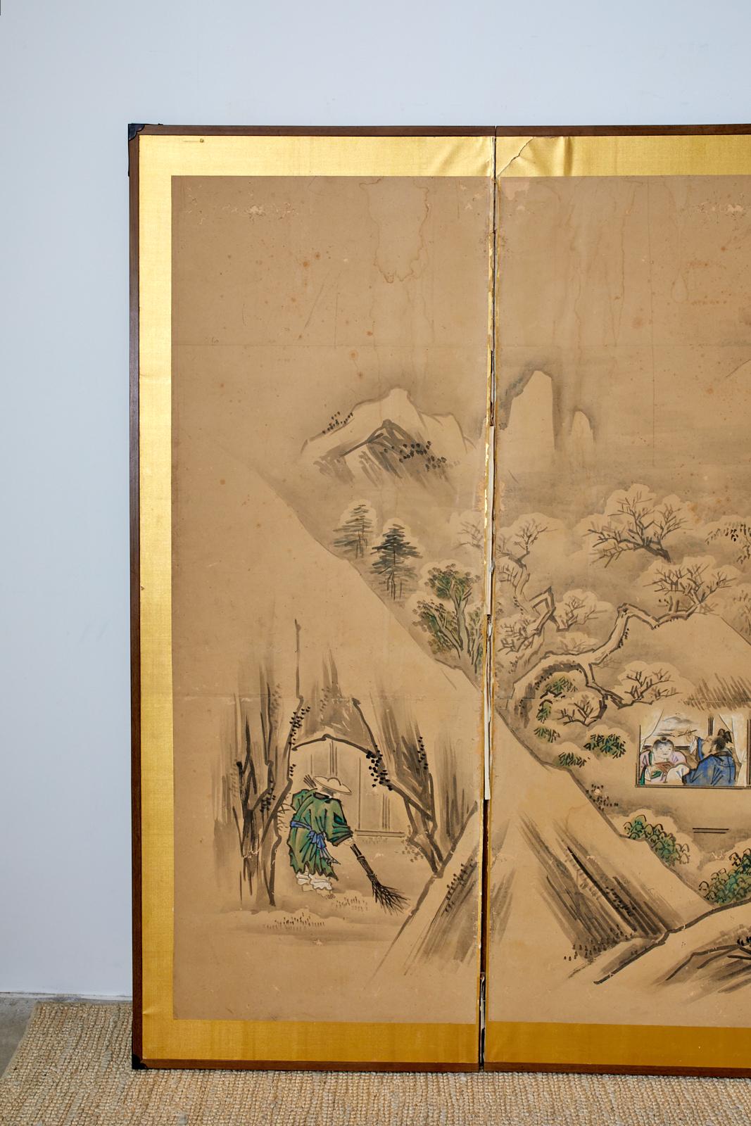 Meiji Écran de paysage d'hiver de l'école Kano à six panneaux japonaise en vente