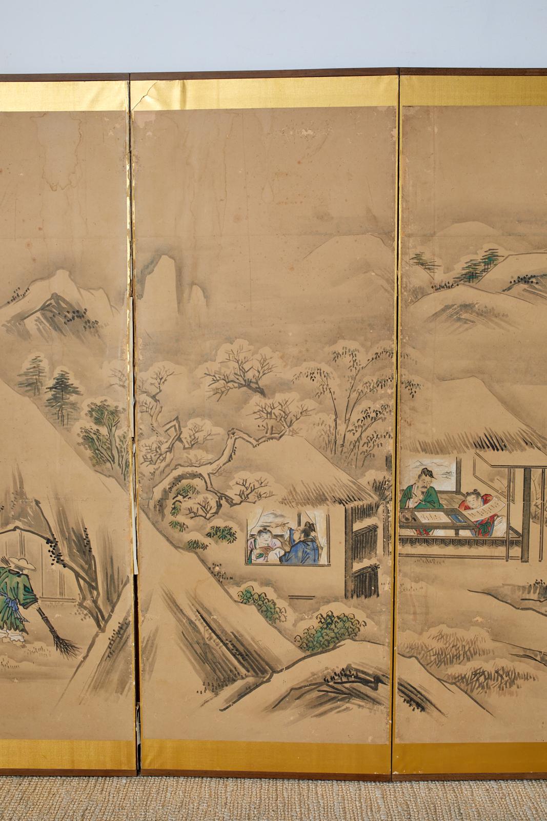 Gilt Japanese Six Panel Kano School Winter Landscape Screen For Sale
