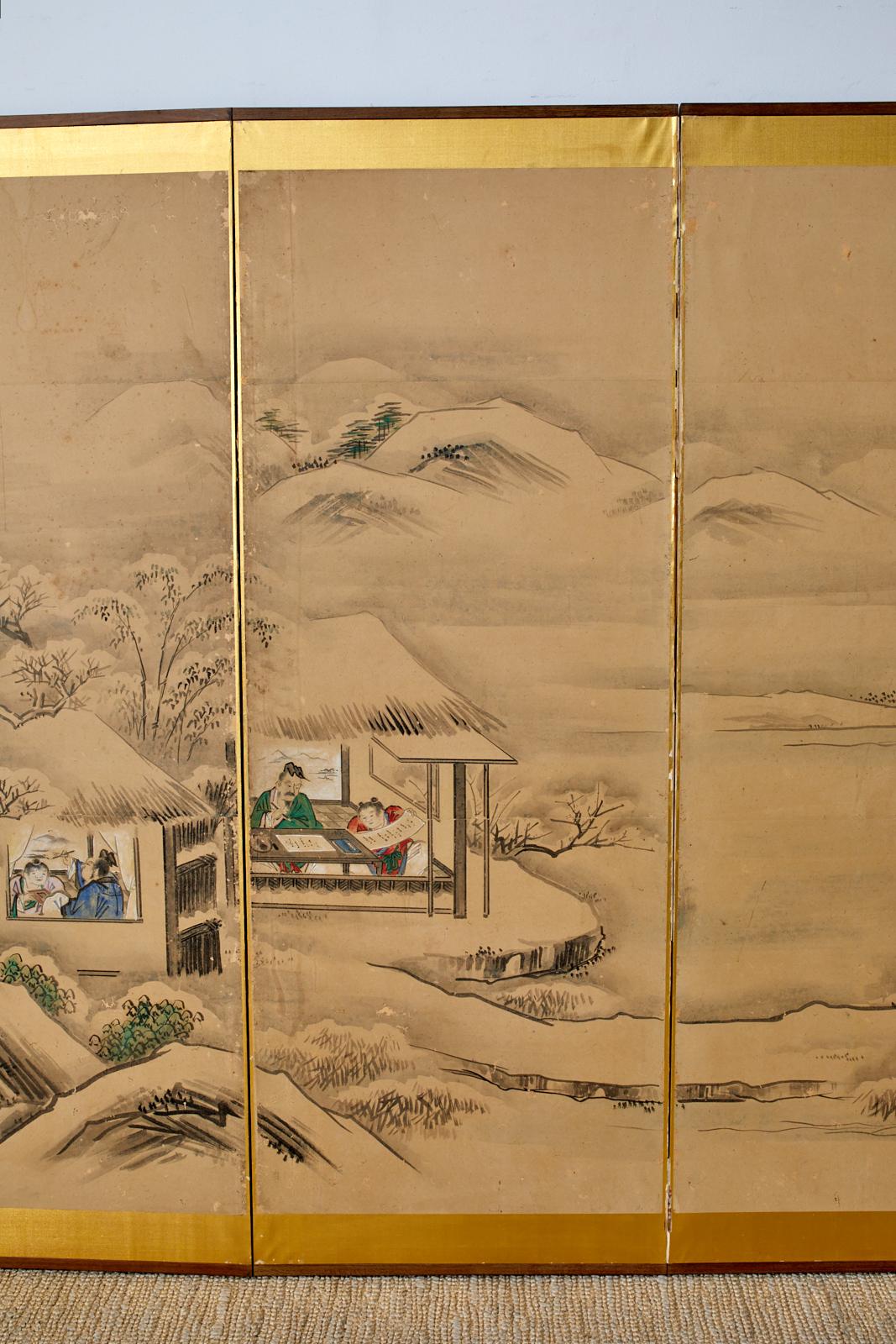 Japanese Six Panel Kano School Winter Landscape Screen In Distressed Condition For Sale In Rio Vista, CA