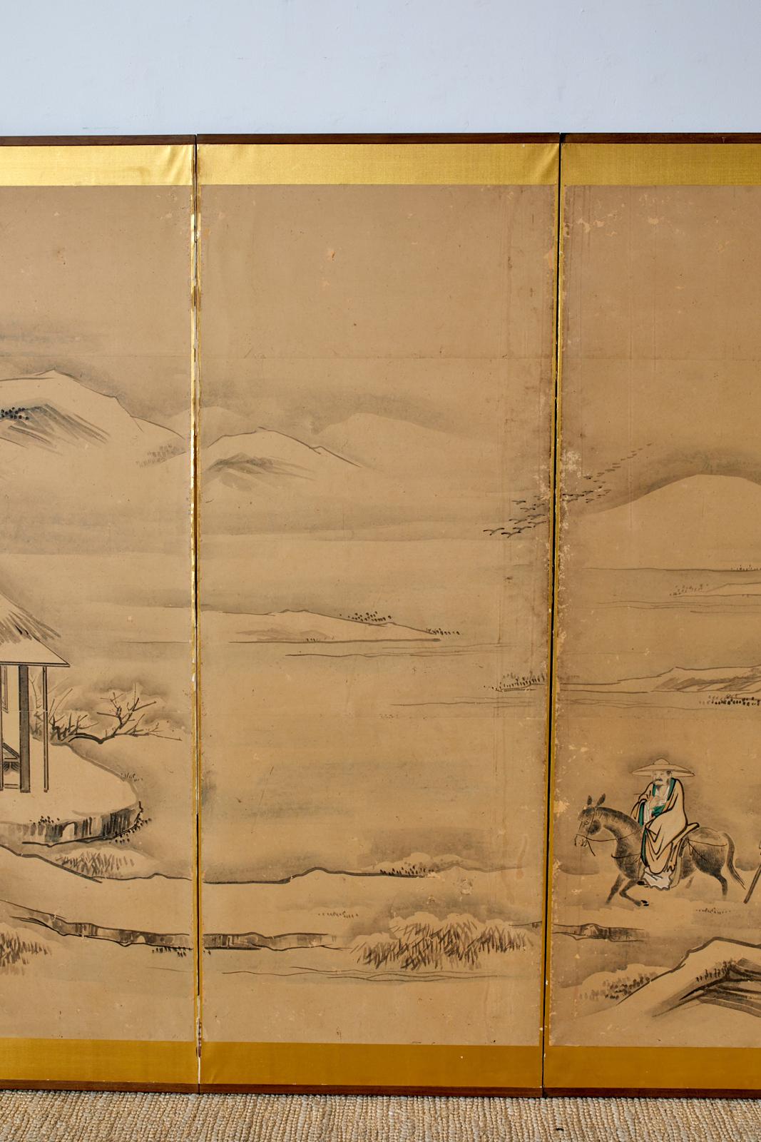 19th Century Japanese Six Panel Kano School Winter Landscape Screen For Sale