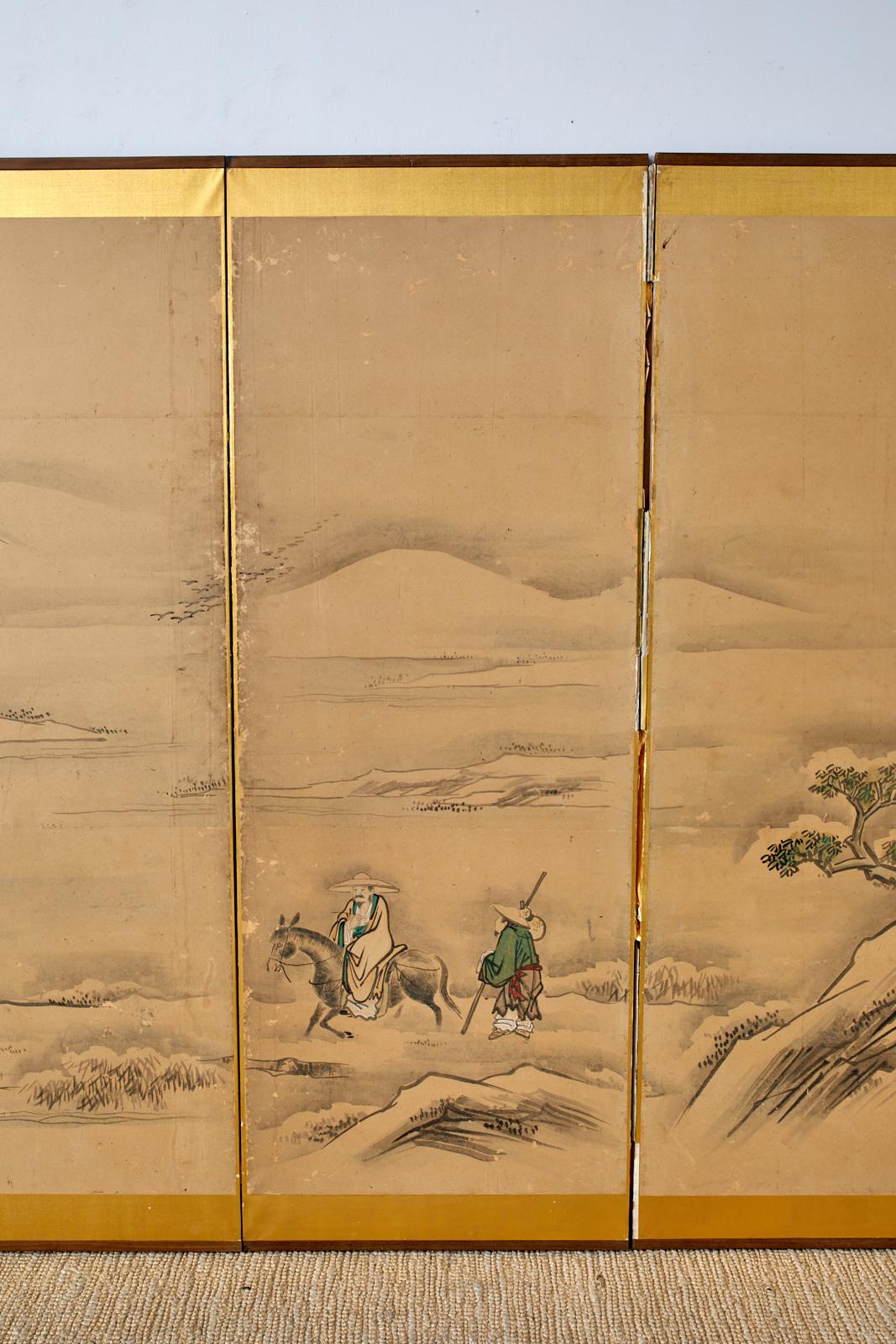 Paint Japanese Six Panel Kano School Winter Landscape Screen For Sale