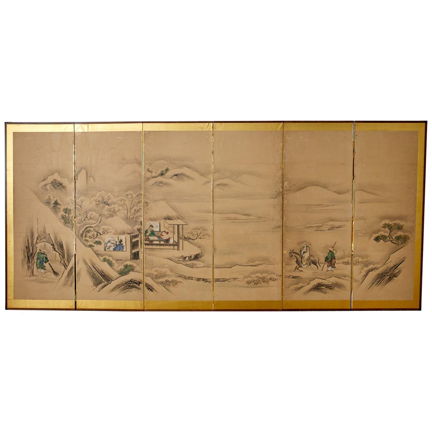 Japanese Six Panel Kano School Winter Landscape Screen For Sale