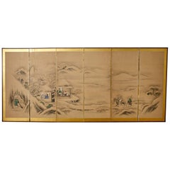 Vintage Japanese Six Panel Kano School Winter Landscape Screen