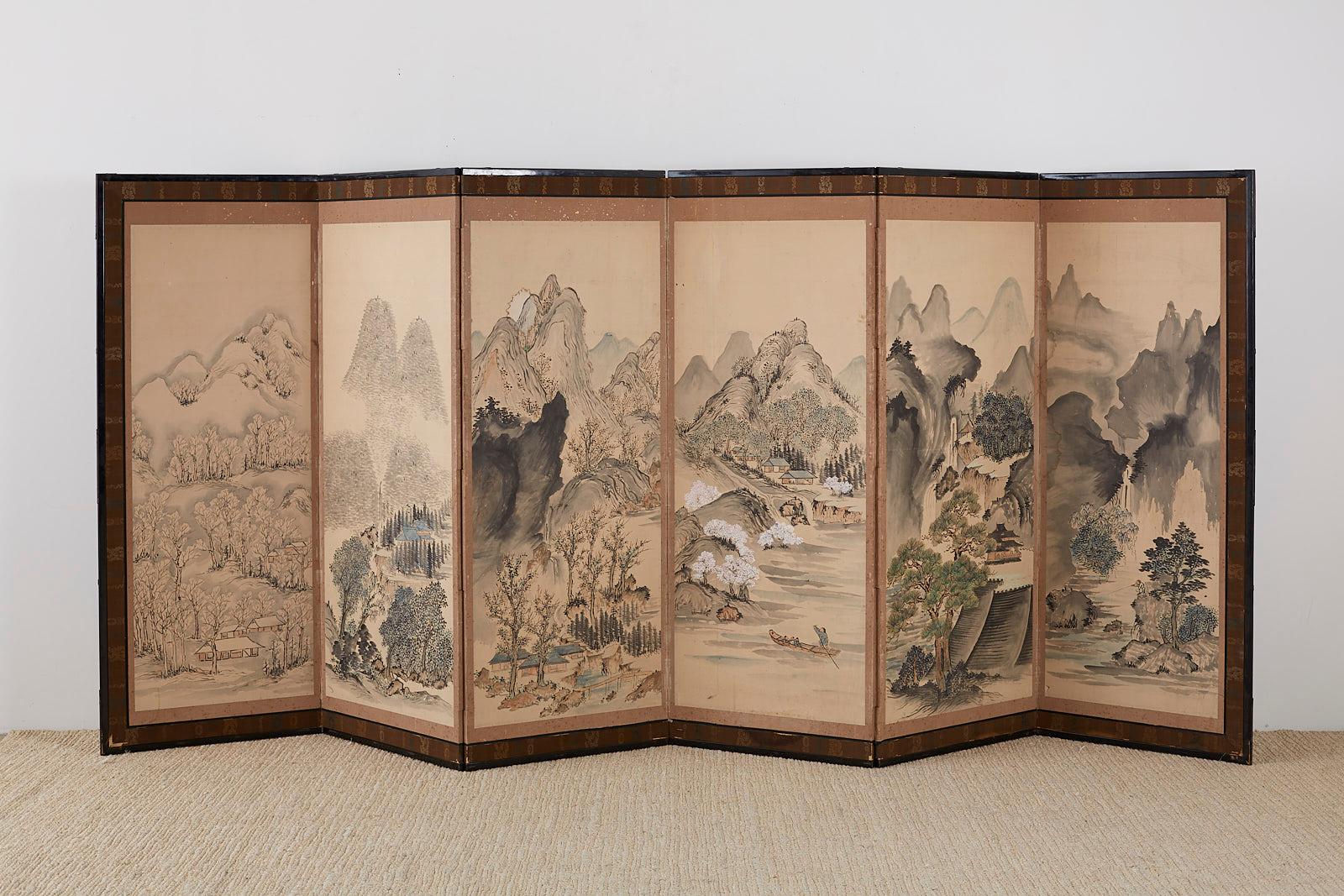 Japanese Six Panel Meiji Period Seasonal Landscape Screen 10