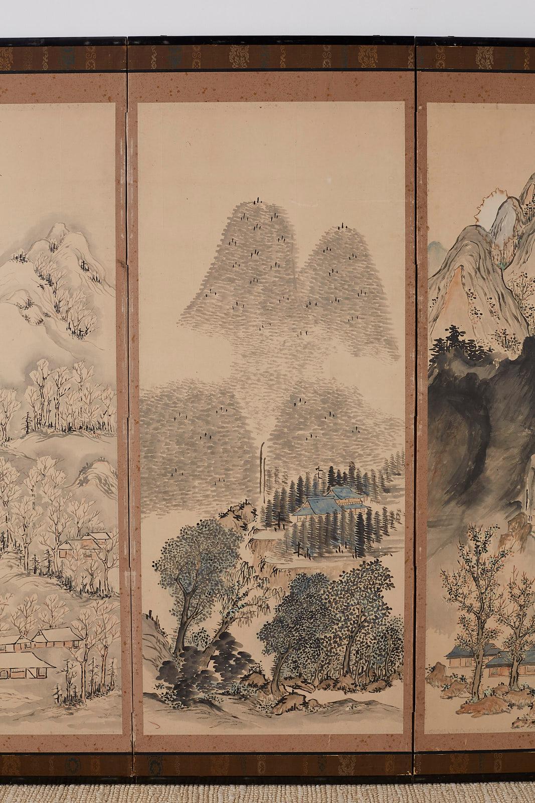 Japanese Six Panel Meiji Period Seasonal Landscape Screen In Distressed Condition In Rio Vista, CA