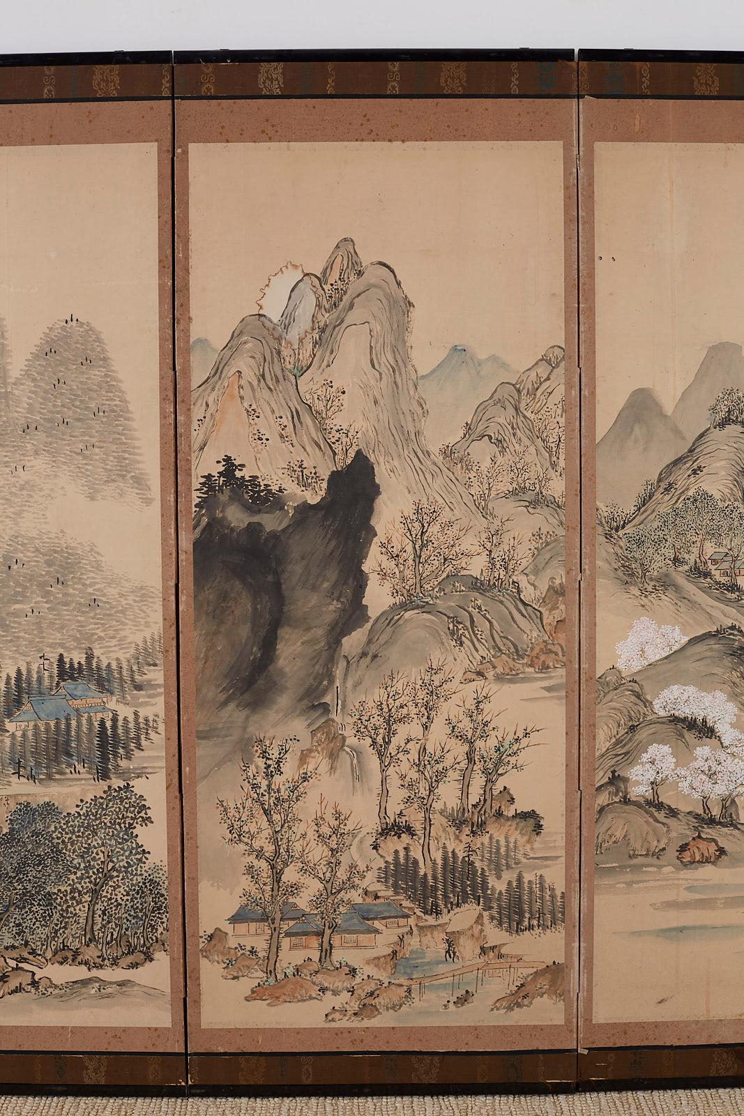 19th Century Japanese Six Panel Meiji Period Seasonal Landscape Screen