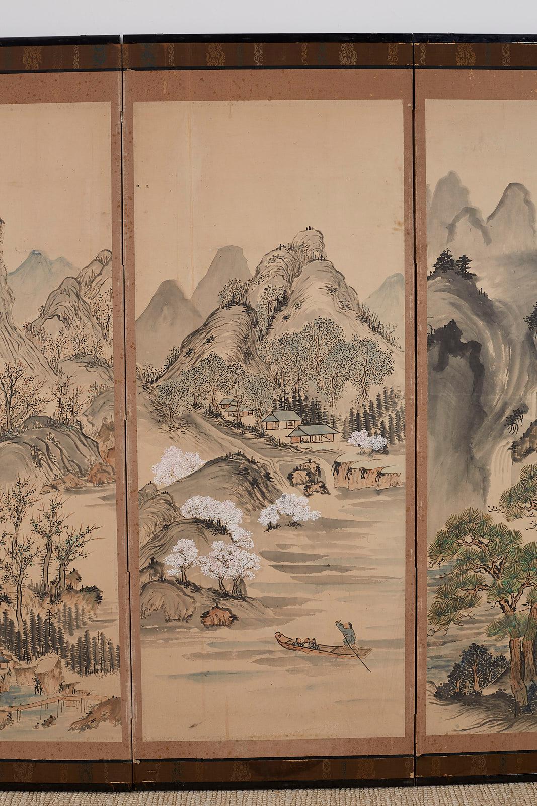 Brass Japanese Six Panel Meiji Period Seasonal Landscape Screen