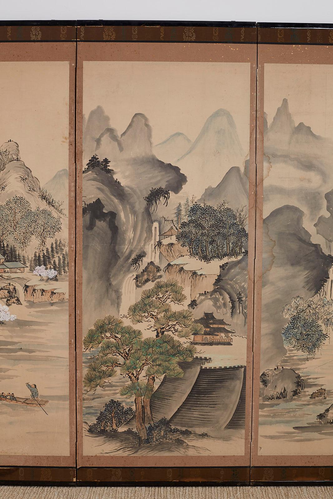 Japanese Six Panel Meiji Period Seasonal Landscape Screen 1