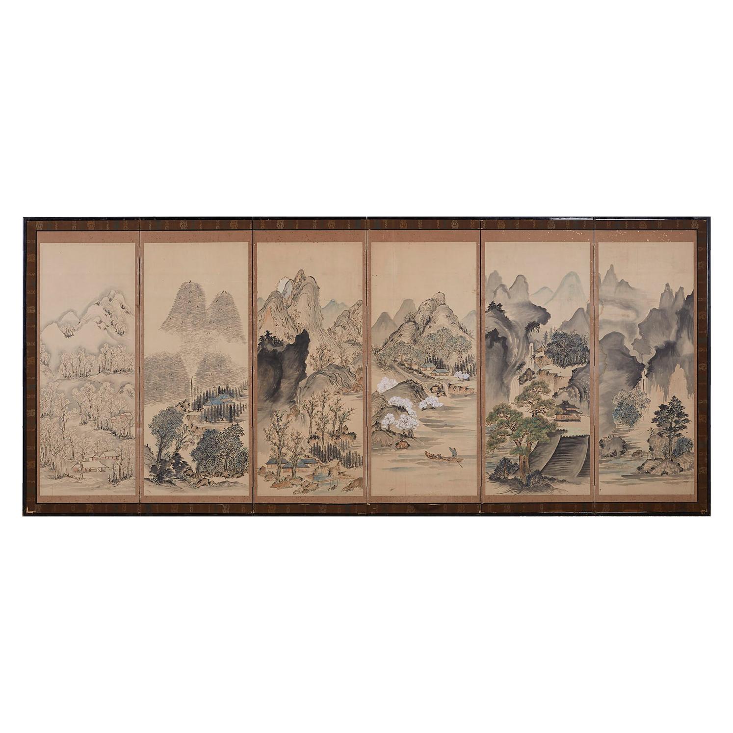 Japanese Six Panel Meiji Period Seasonal Landscape Screen