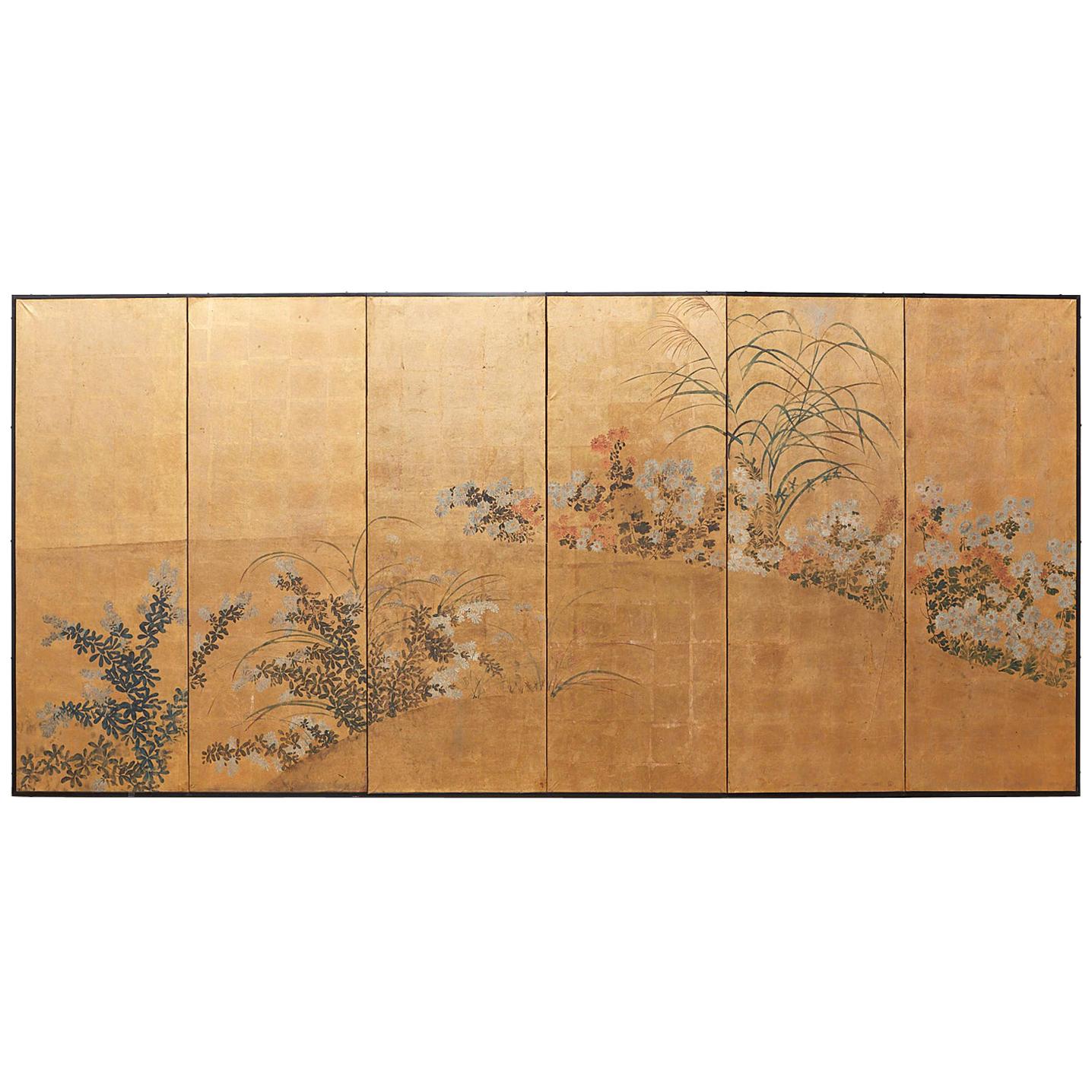 Japanese Six Panel Meiji Rimpa Screen after Tawaraya Sosetsu