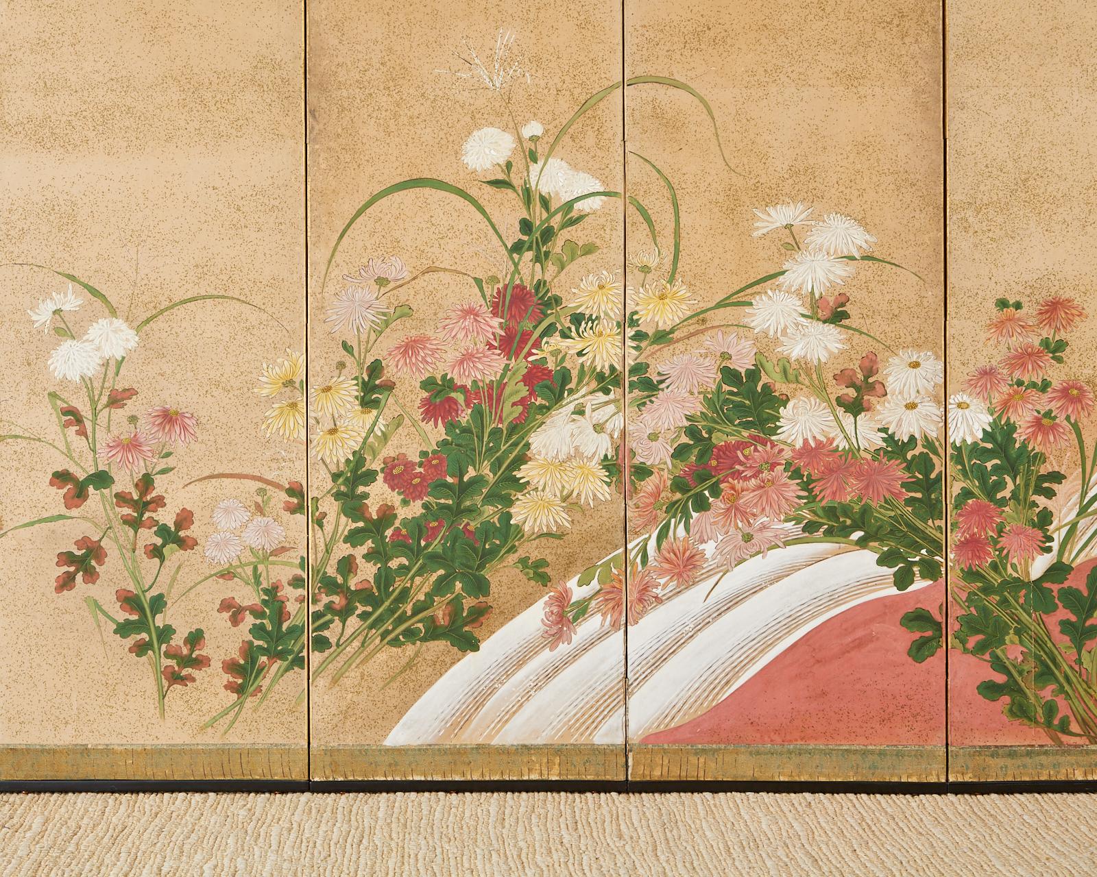 Japanese Six Panel Meiji Screen Chrysanthemums and Waterfall 4