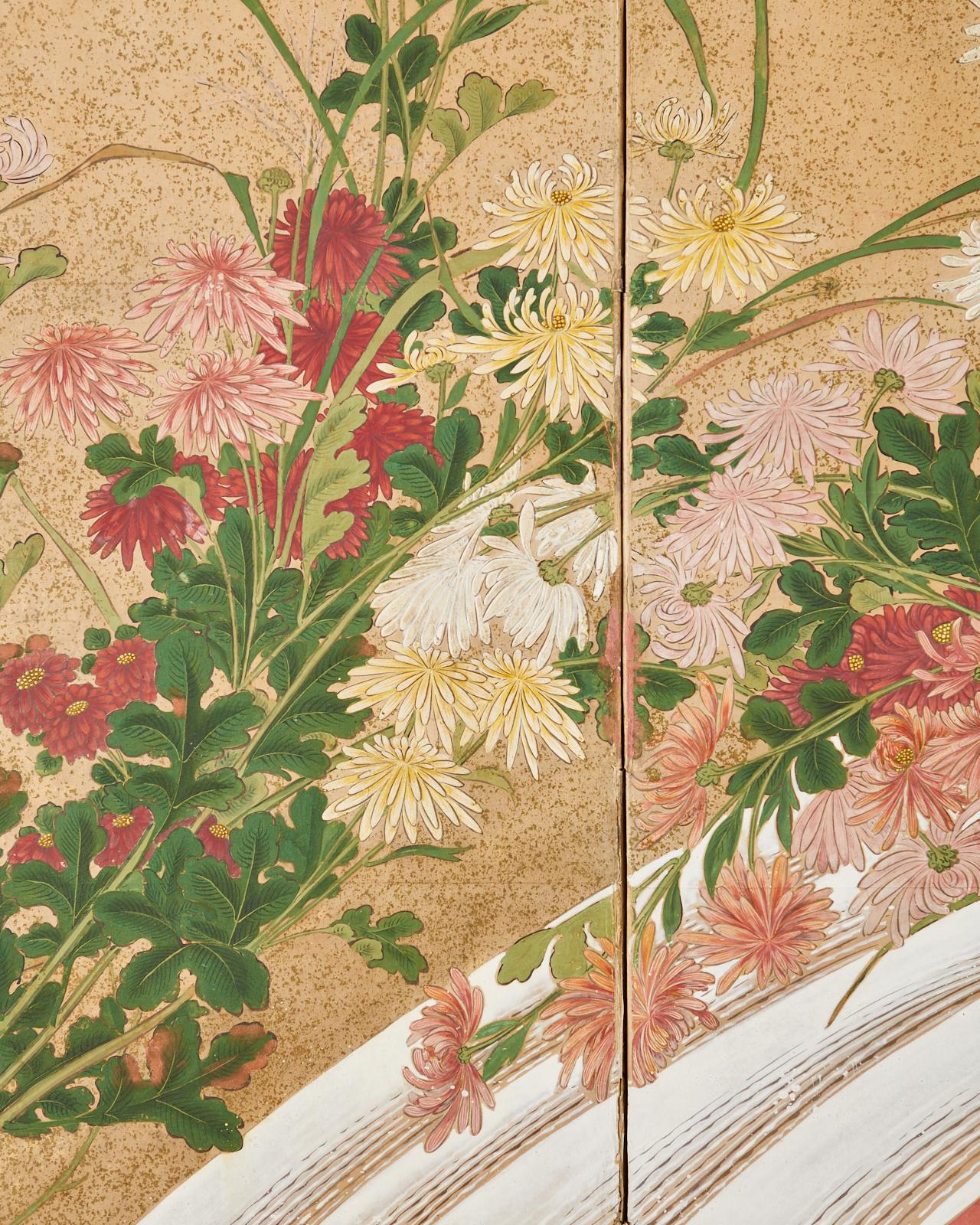Japanese Six Panel Meiji Screen Chrysanthemums and Waterfall 8