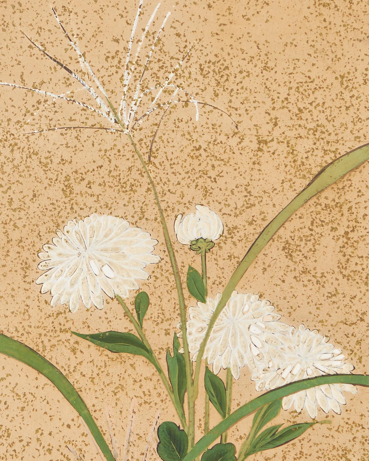 Japanese Six Panel Meiji Screen Chrysanthemums and Waterfall 13