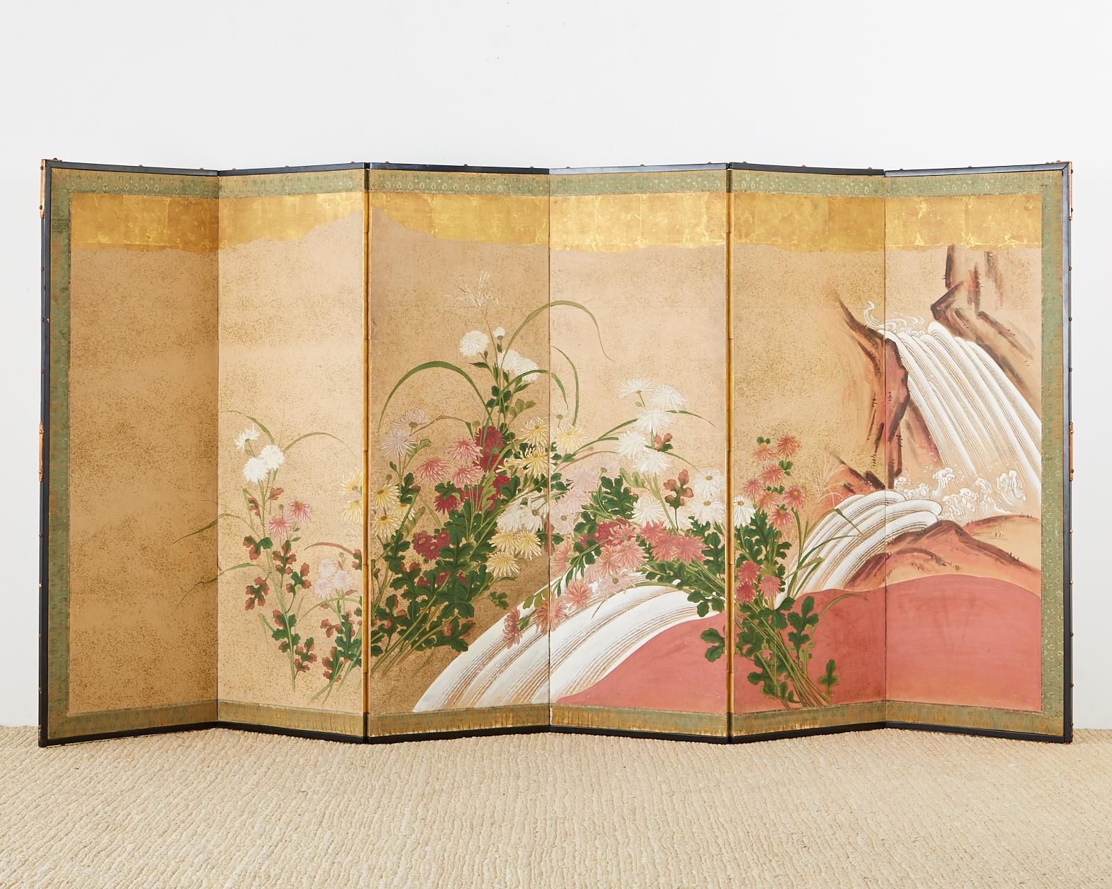 Ebonized Japanese Six Panel Meiji Screen Chrysanthemums and Waterfall