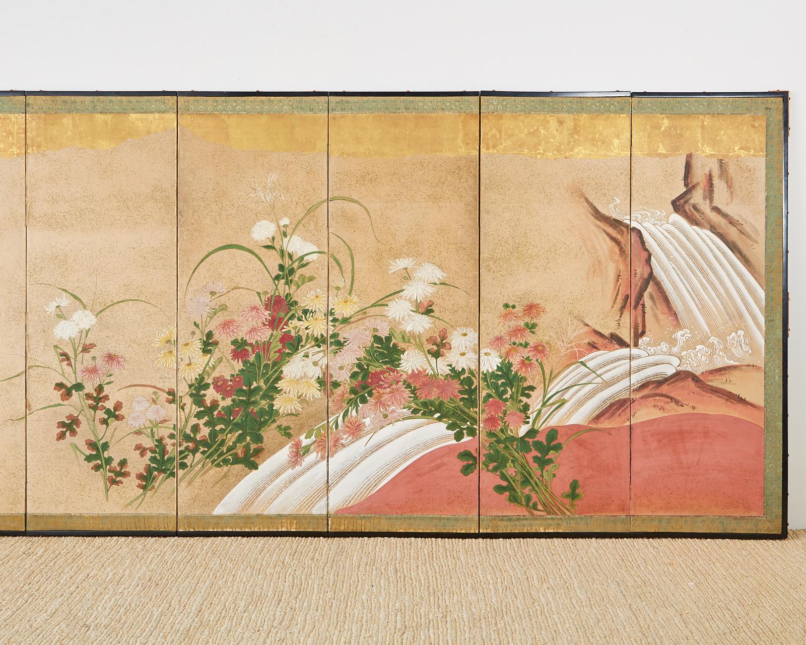 Japanese Six Panel Meiji Screen Chrysanthemums and Waterfall In Fair Condition In Rio Vista, CA