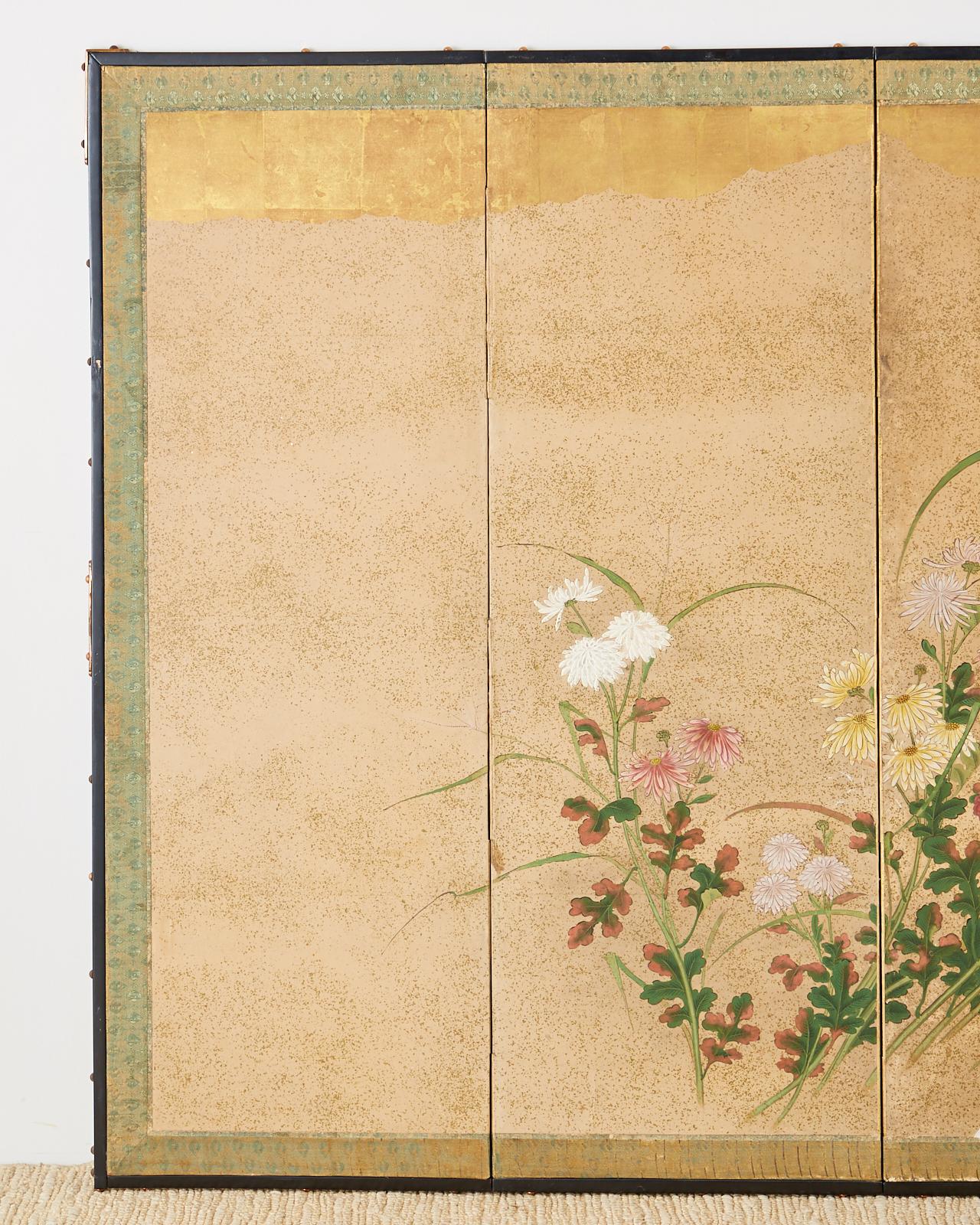 19th Century Japanese Six Panel Meiji Screen Chrysanthemums and Waterfall