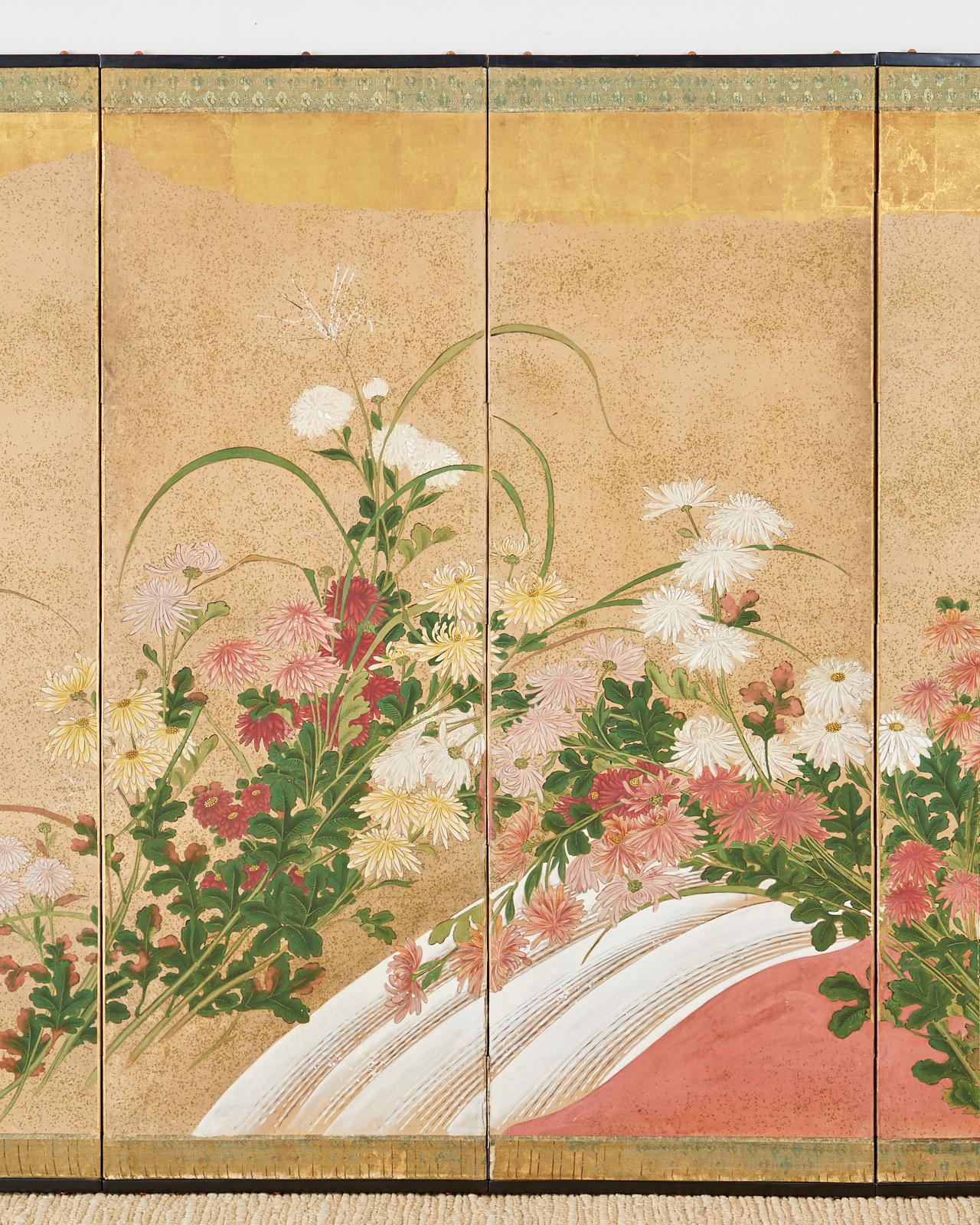 Brass Japanese Six Panel Meiji Screen Chrysanthemums and Waterfall
