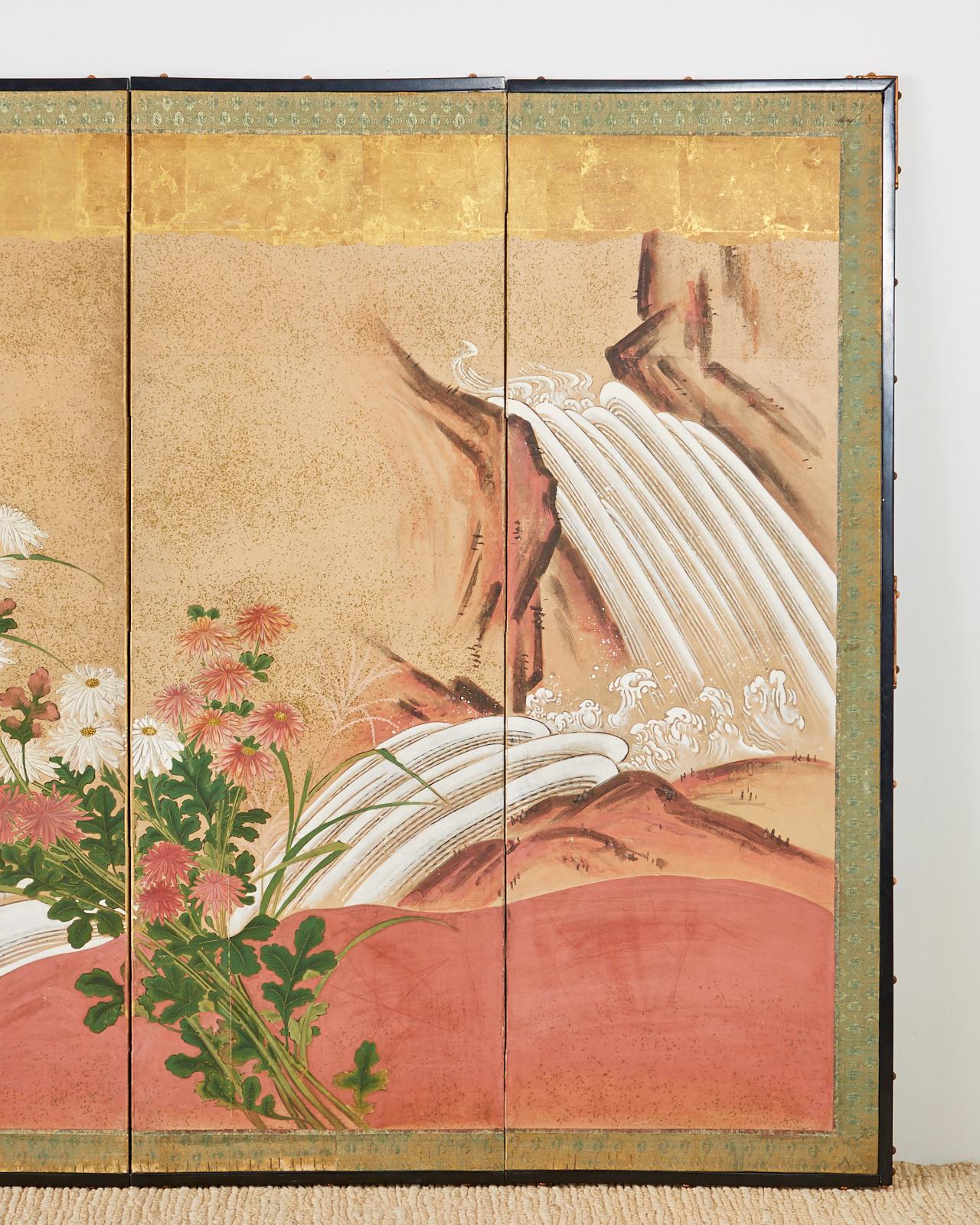 Japanese Six Panel Meiji Screen Chrysanthemums and Waterfall 1