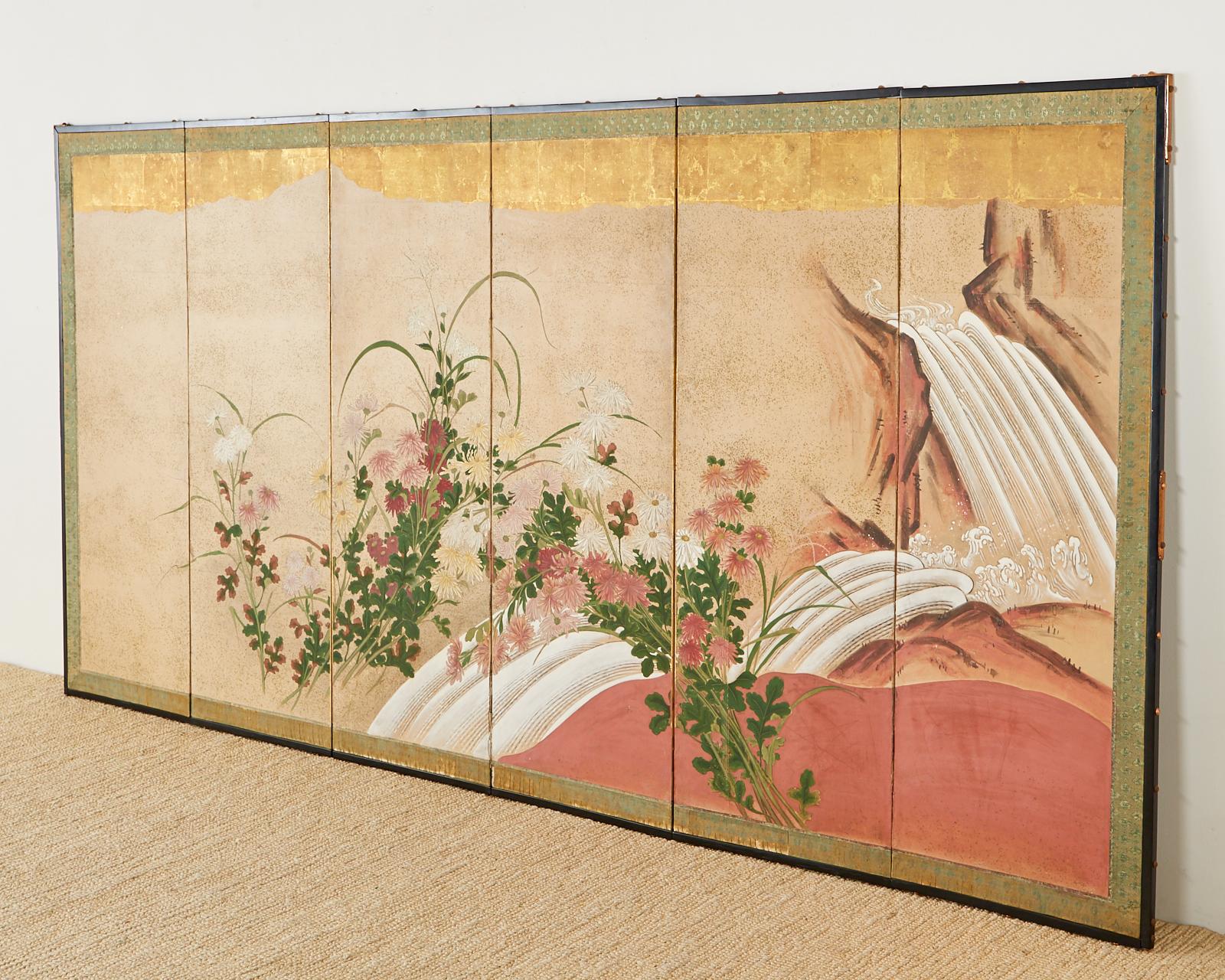 Japanese Six Panel Meiji Screen Chrysanthemums and Waterfall 2