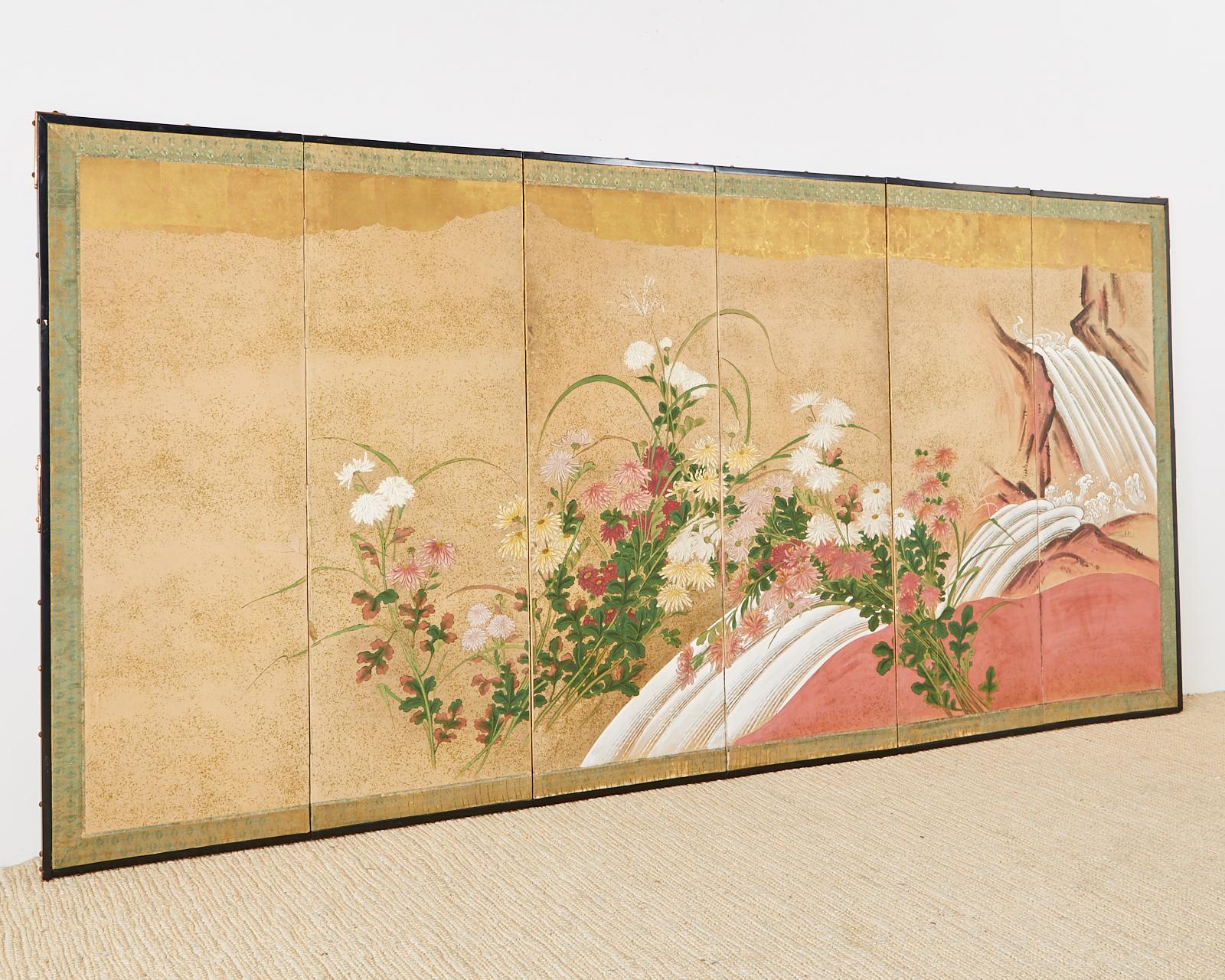 Japanese Six Panel Meiji Screen Chrysanthemums and Waterfall 3
