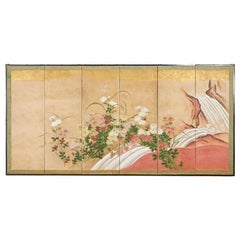 Japanese Six Panel Meiji Screen Chrysanthemums and Waterfall