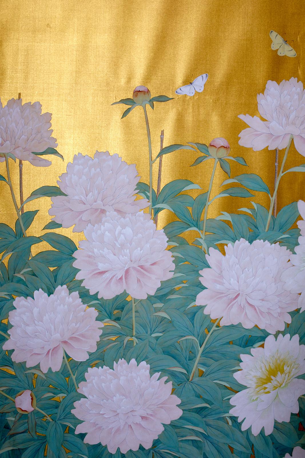 Japanese Six-Panel Meiji Screen Flowering Peonies and Butterflies For Sale 4