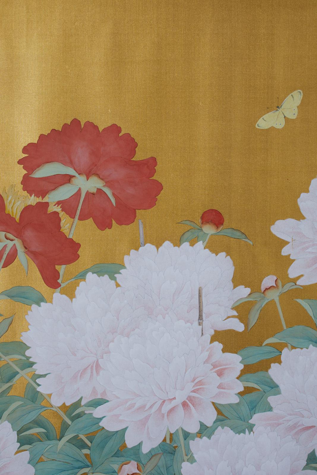 Japanese Six-Panel Meiji Screen Flowering Peonies and Butterflies 7