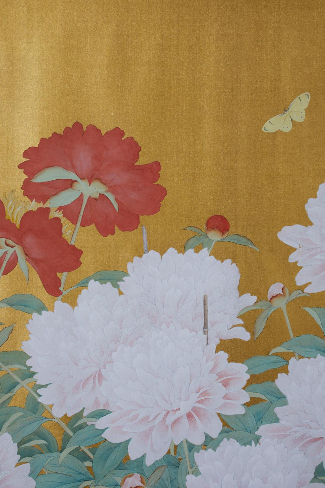 Japanese Six-Panel Meiji Screen Flowering Peonies and Butterflies For Sale 7