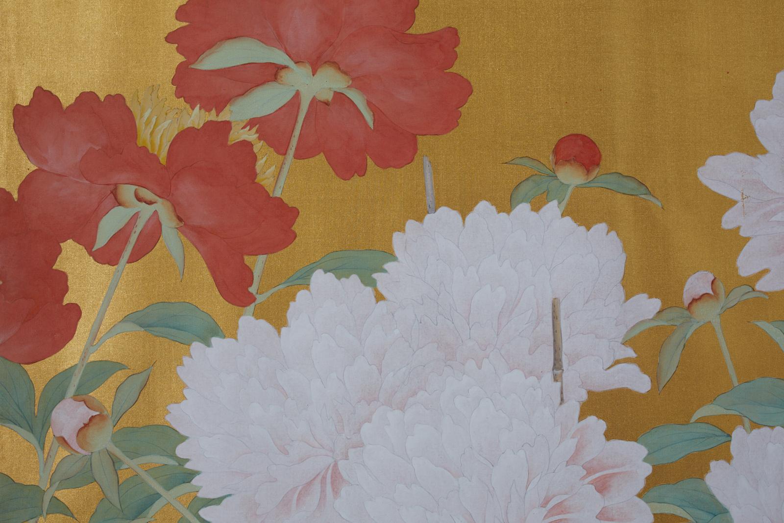 Japanese Six-Panel Meiji Screen Flowering Peonies and Butterflies For Sale 8