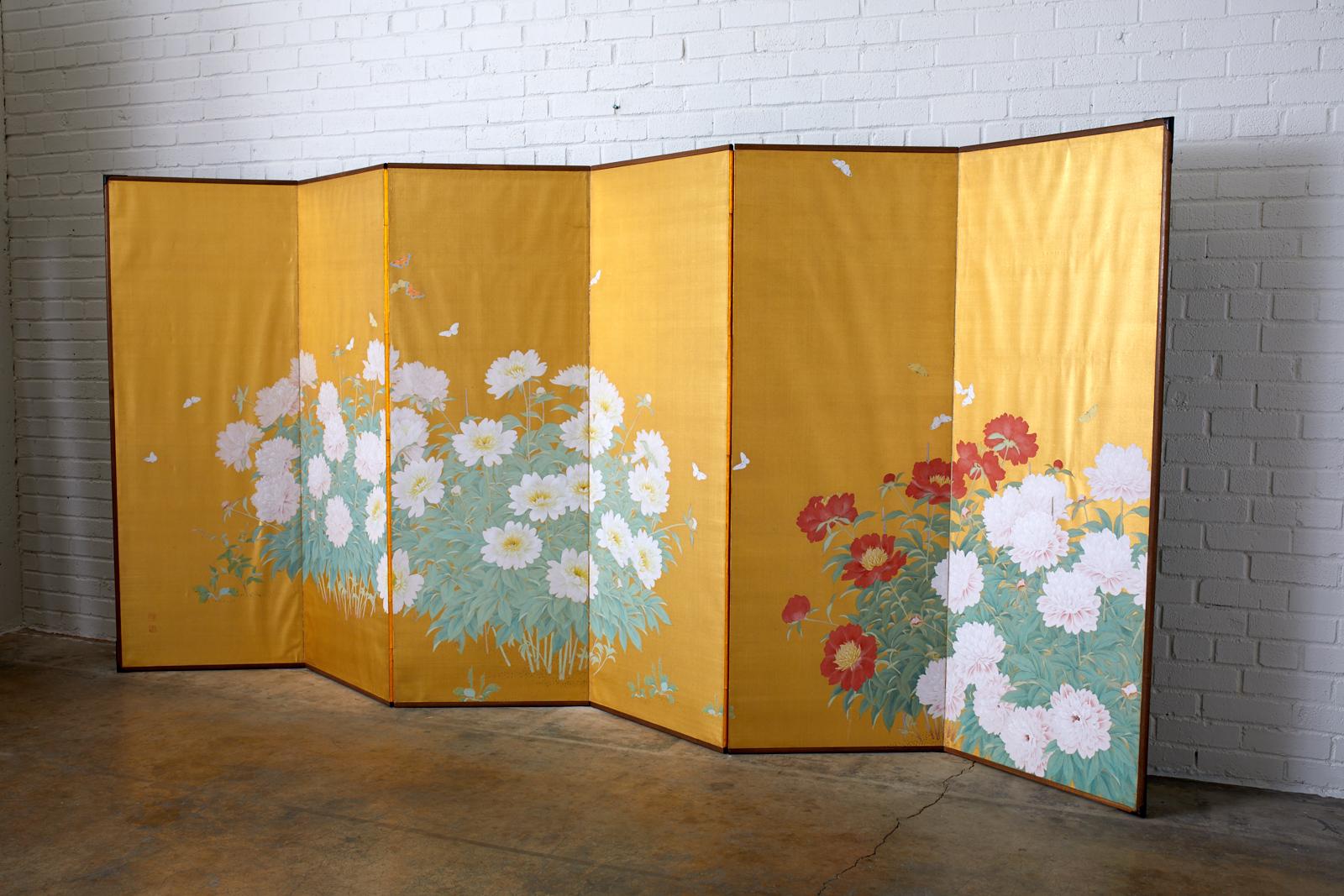 Japanese Six-Panel Meiji Screen Flowering Peonies and Butterflies 9