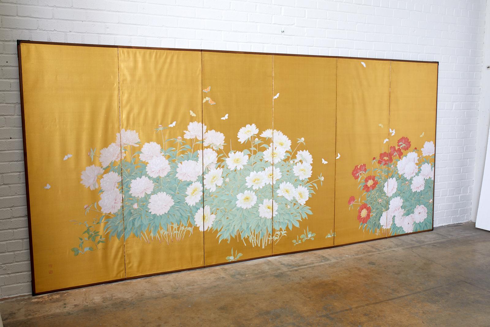 Ebonized Japanese Six-Panel Meiji Screen Flowering Peonies and Butterflies