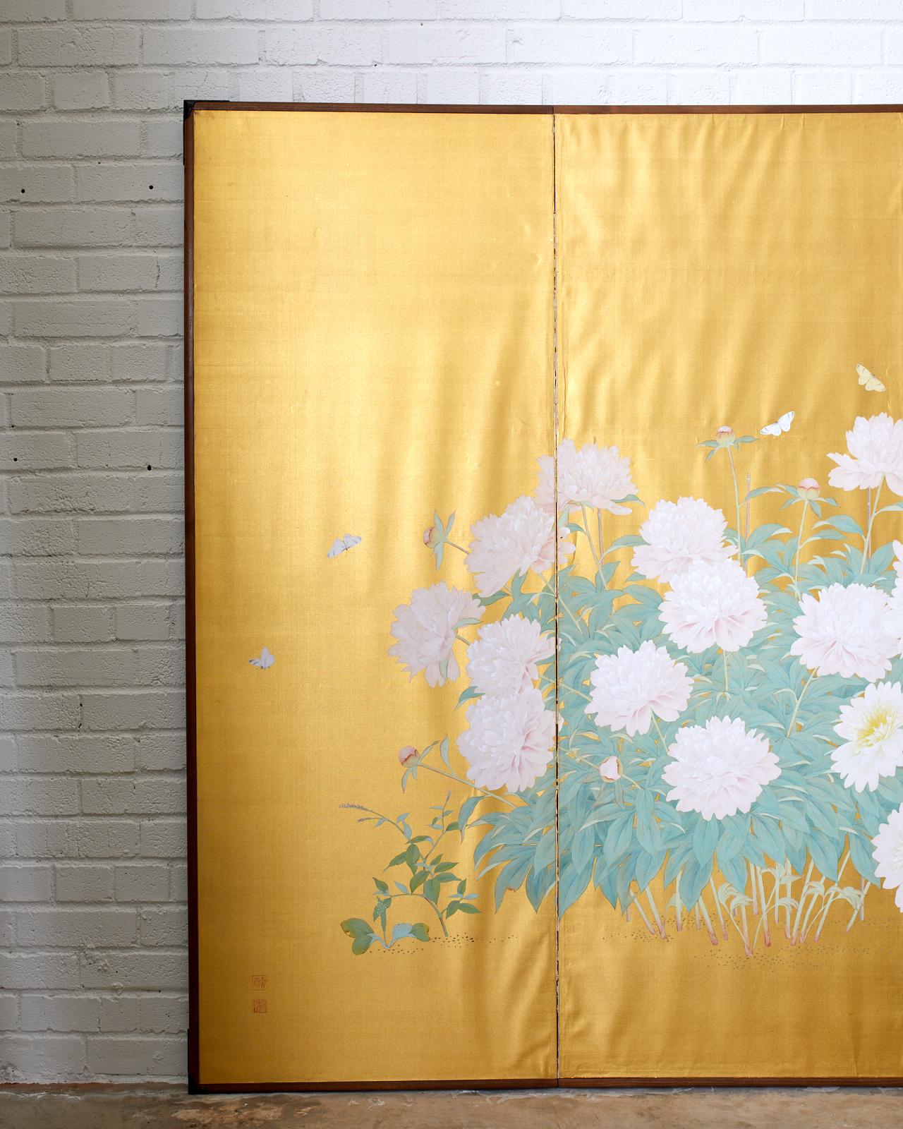 Japanese Six-Panel Meiji Screen Flowering Peonies and Butterflies In Good Condition For Sale In Rio Vista, CA