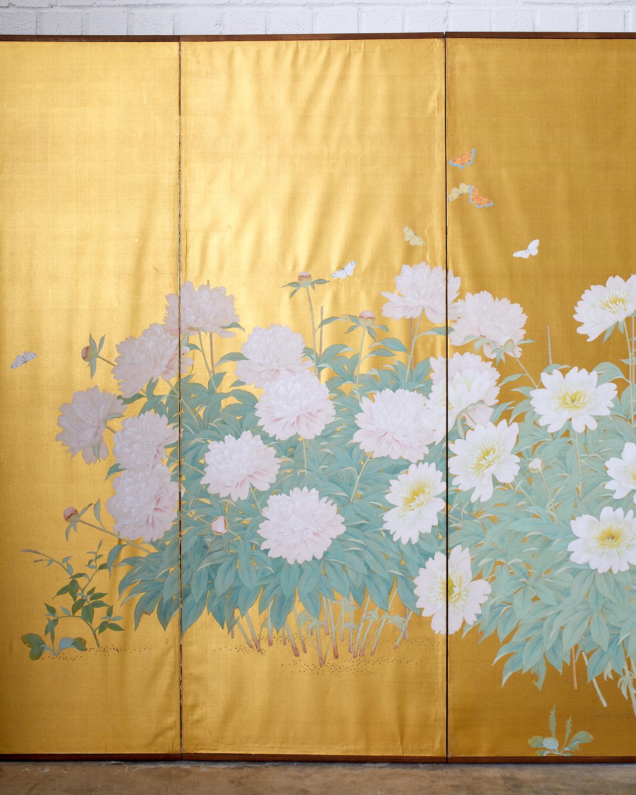 20th Century Japanese Six-Panel Meiji Screen Flowering Peonies and Butterflies For Sale