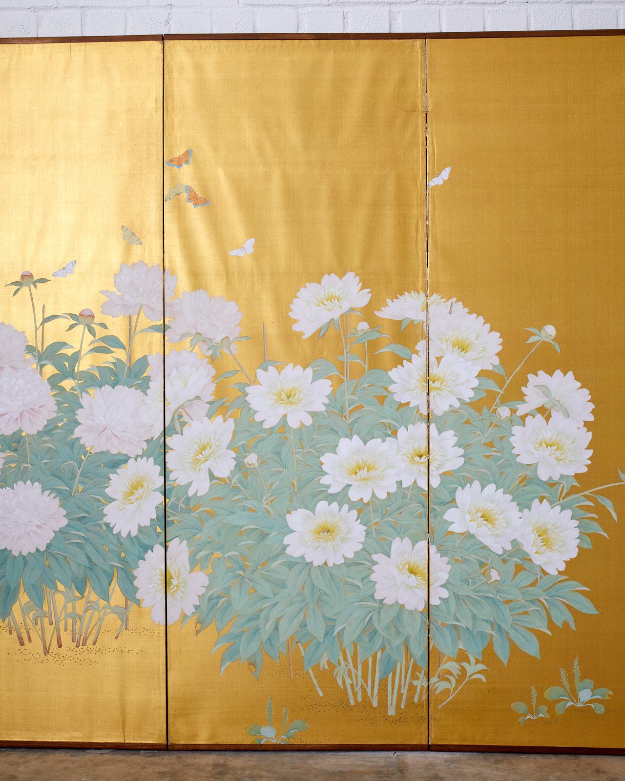 Brass Japanese Six-Panel Meiji Screen Flowering Peonies and Butterflies For Sale