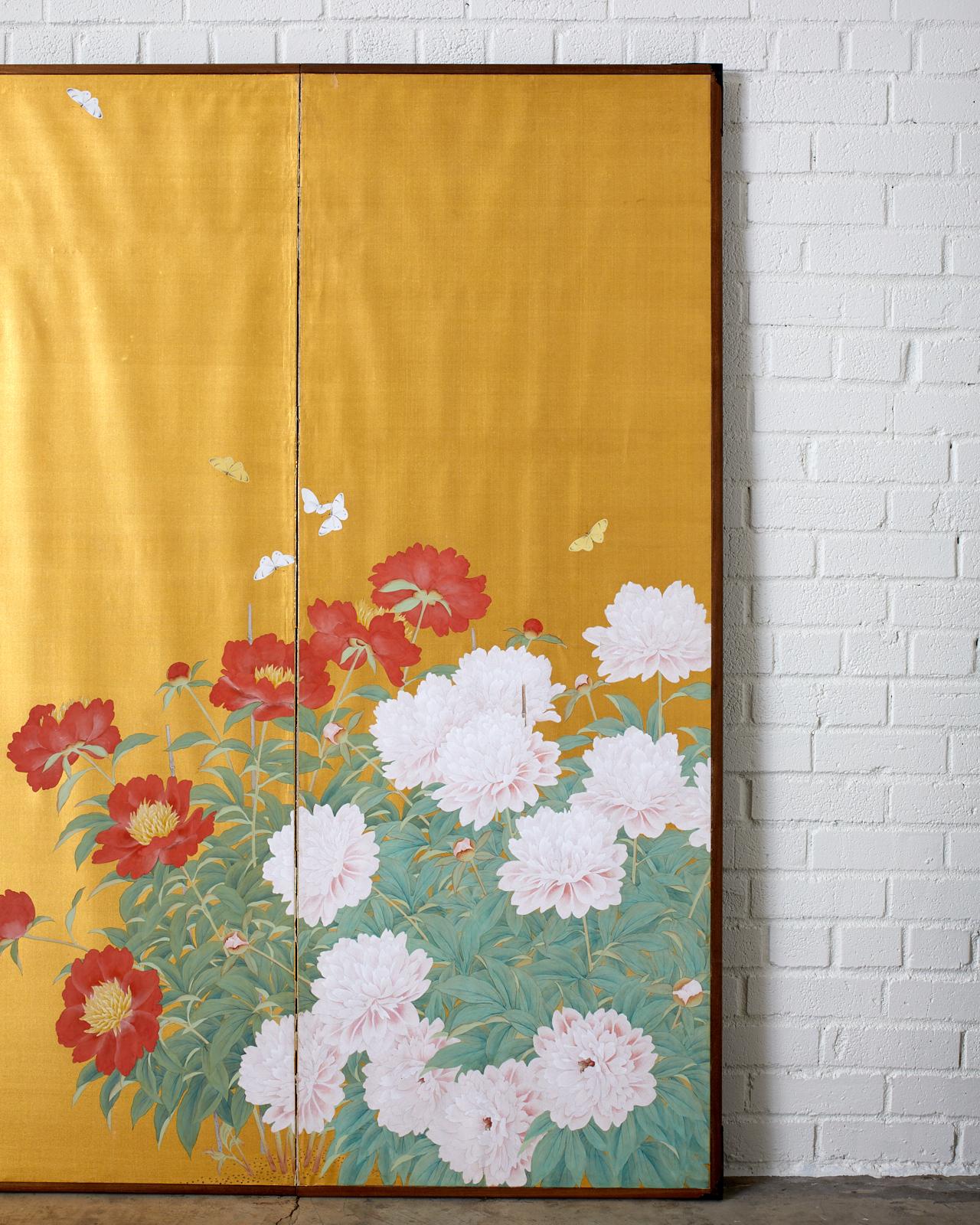 Japanese Six-Panel Meiji Screen Flowering Peonies and Butterflies 3