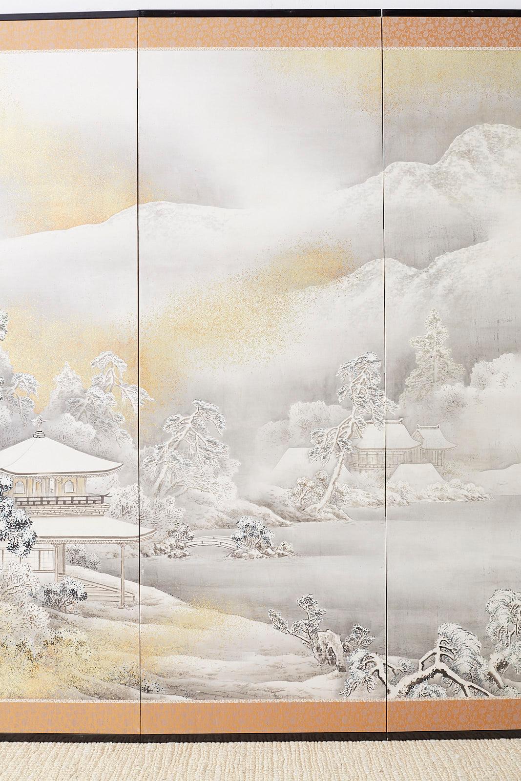 Hand-Crafted Japanese Six-Panel Meiji Screen Kinkakuji in Winter