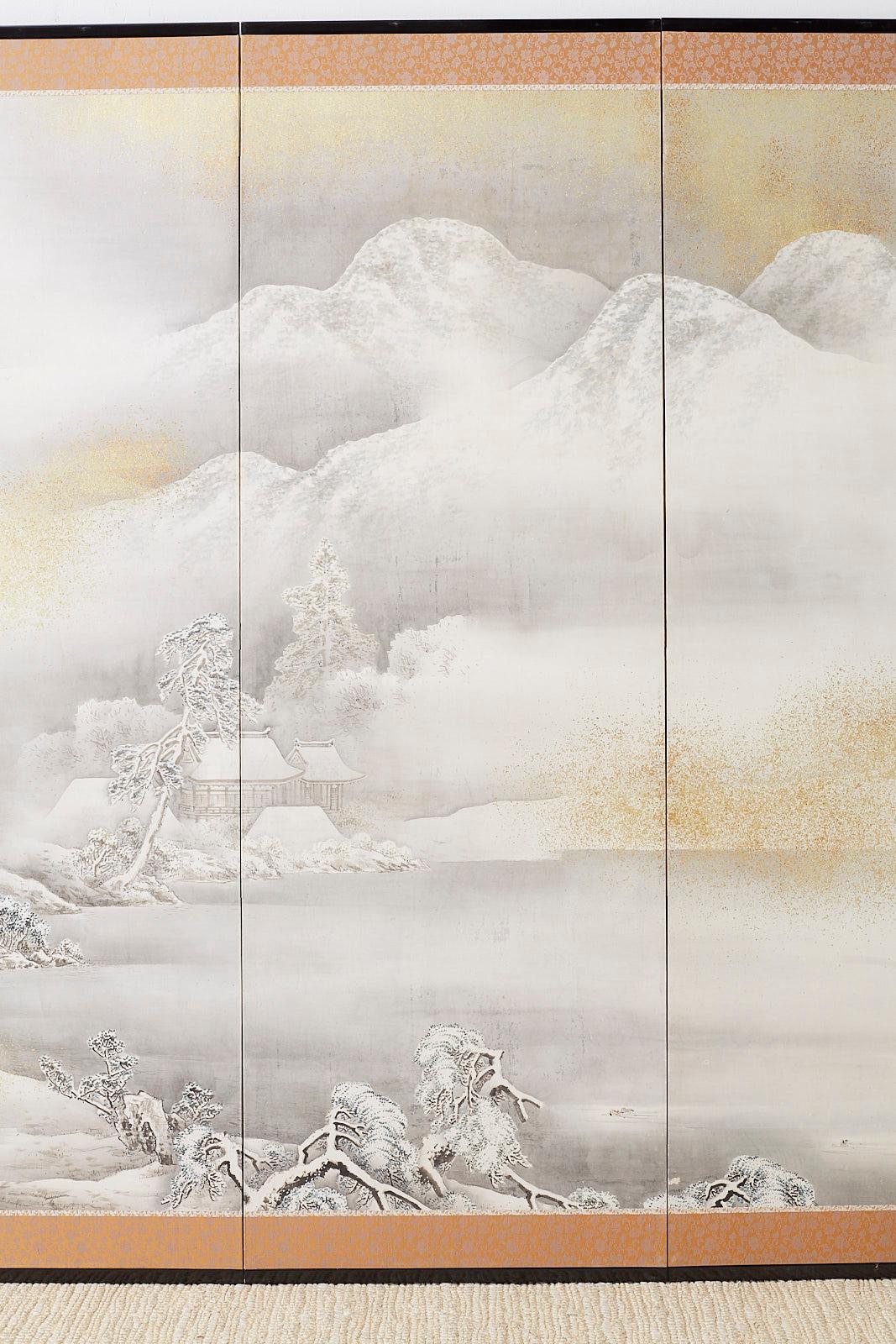 Japanese Six-Panel Meiji Screen Kinkakuji in Winter In Good Condition In Rio Vista, CA